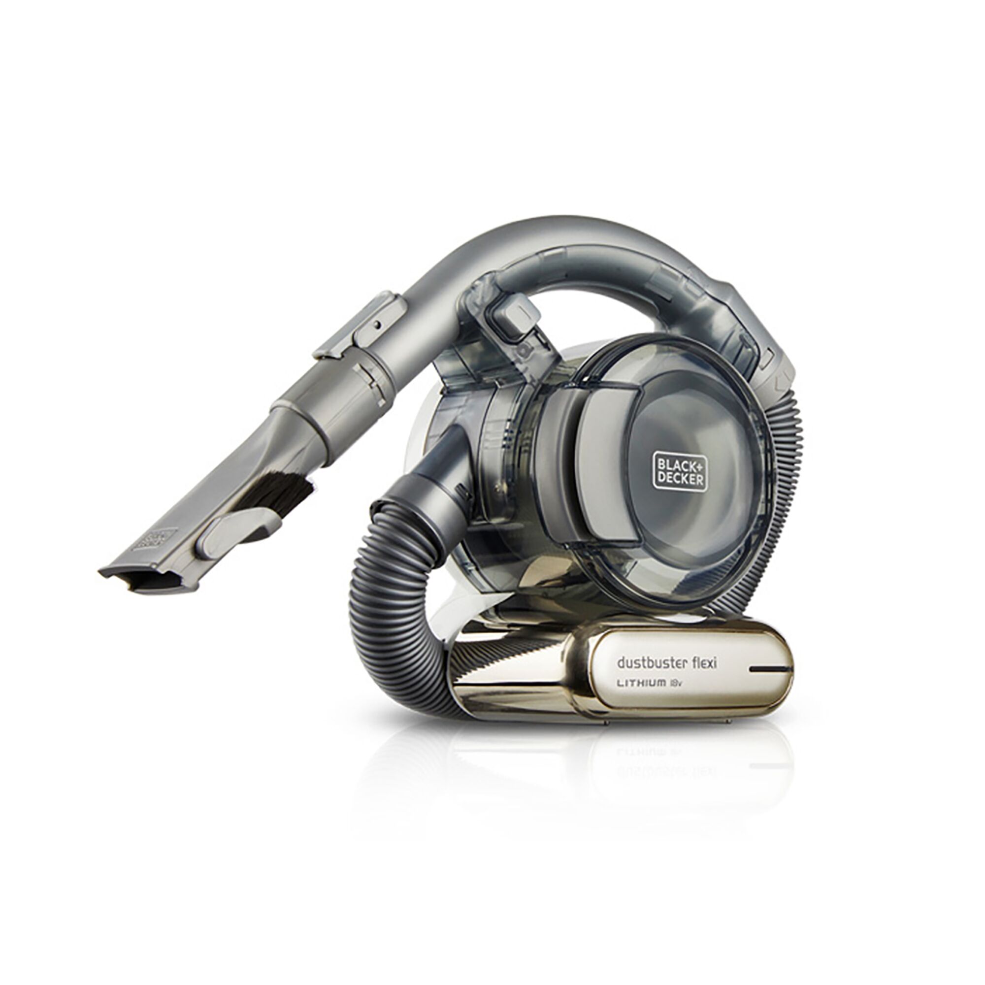 BLACK+DECKER TPD1810BGEXT-KR handheld vacuum with flexible hose, silver finish, side angle on white background.