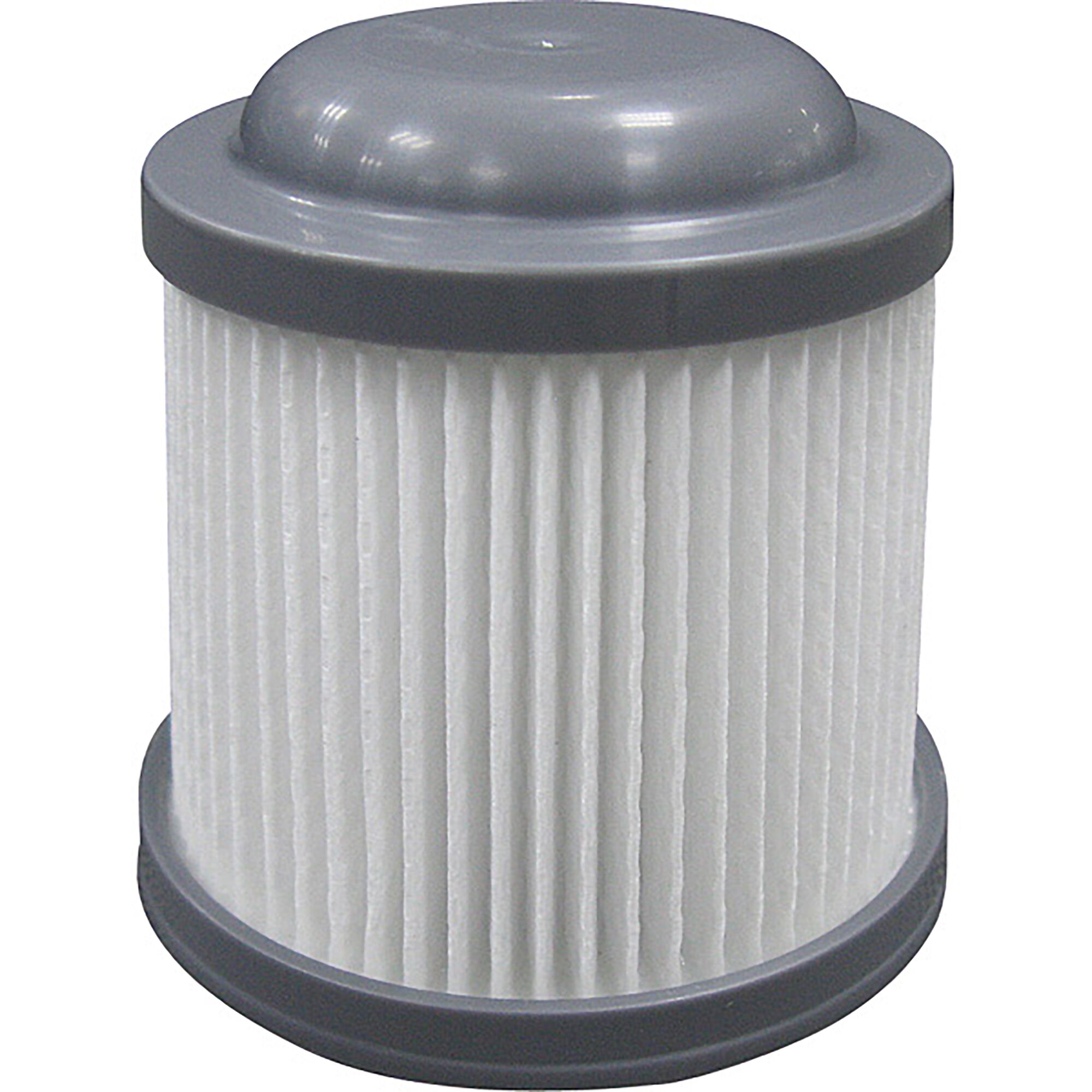 BLACKDECKER VF90 cylindrical vacuum filter with pleated white paper and gray plastic caps, front angle.