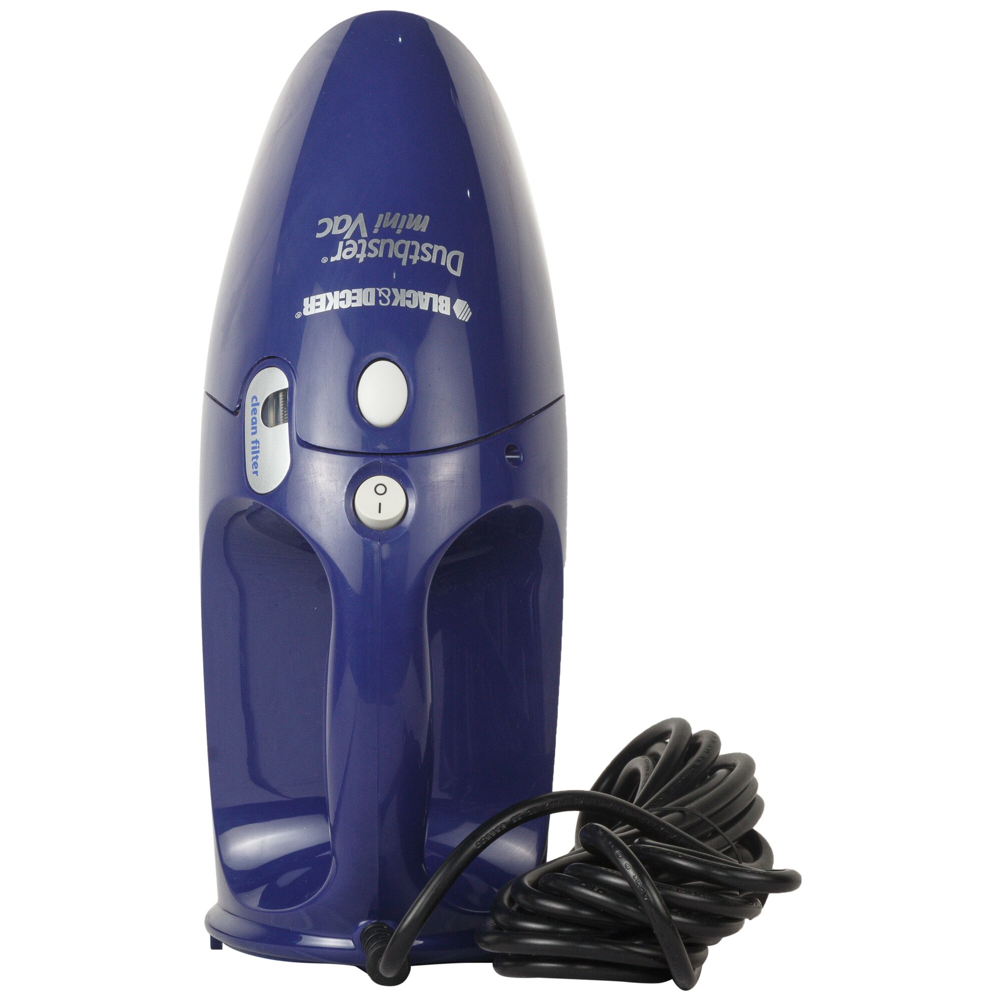 BLACKDECKER VH780 handheld vacuum cleaner, blue, photography, front angle, visible power cord.