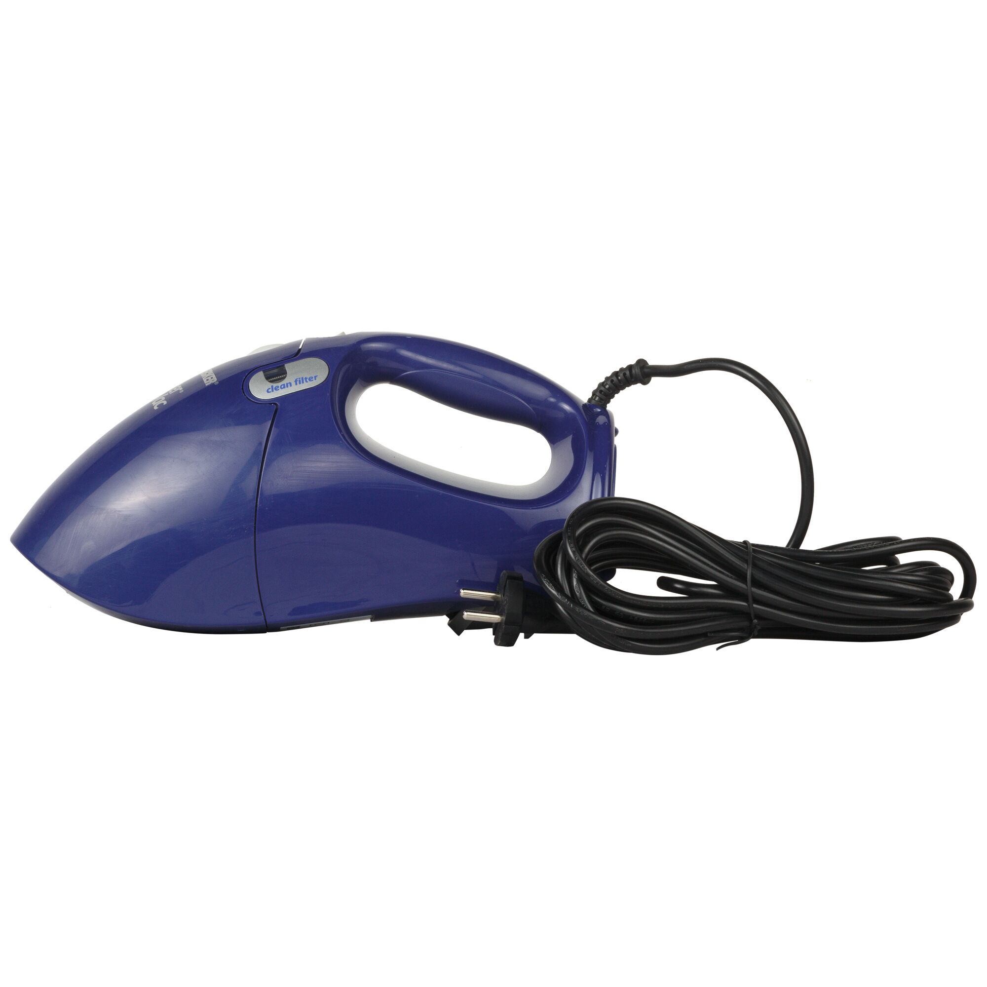 BLACKDECKER VH780 handheld vacuum cleaner in blue, side view with coiled power cord, photography.
