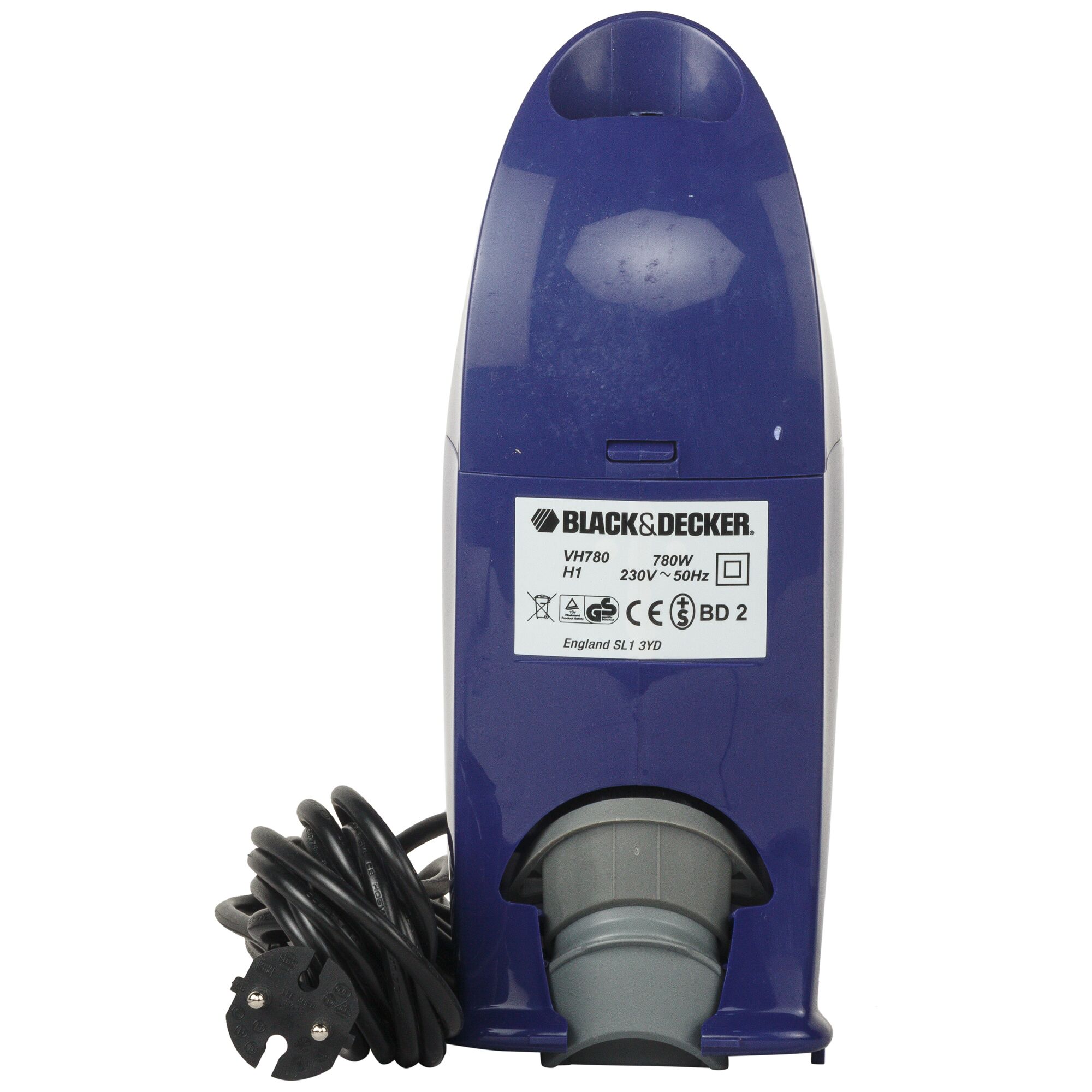 BLACKDECKER VH780 handheld vacuum cleaner rear view, purple casing, label, coiled power cord.