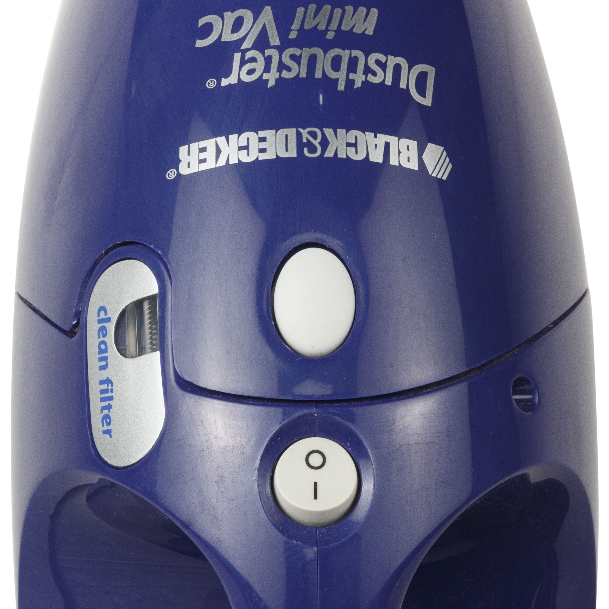 Photo of BLACK+DECKER VH780 blue handheld vacuum cleaner top view, showing clean filter and power buttons.