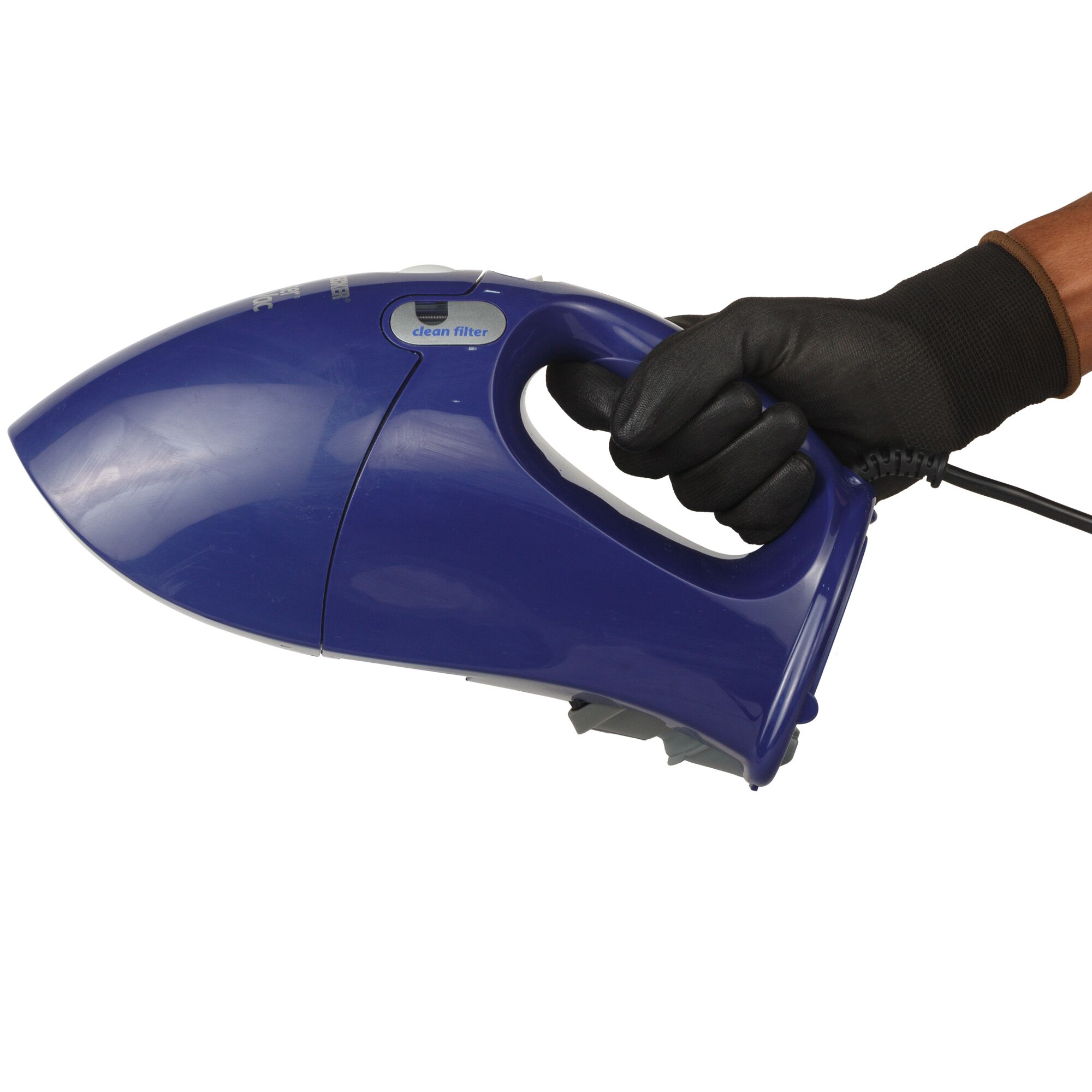 BLACKDECKER VH780 handheld vacuum cleaner, blue, side angle, held by gloved hand.