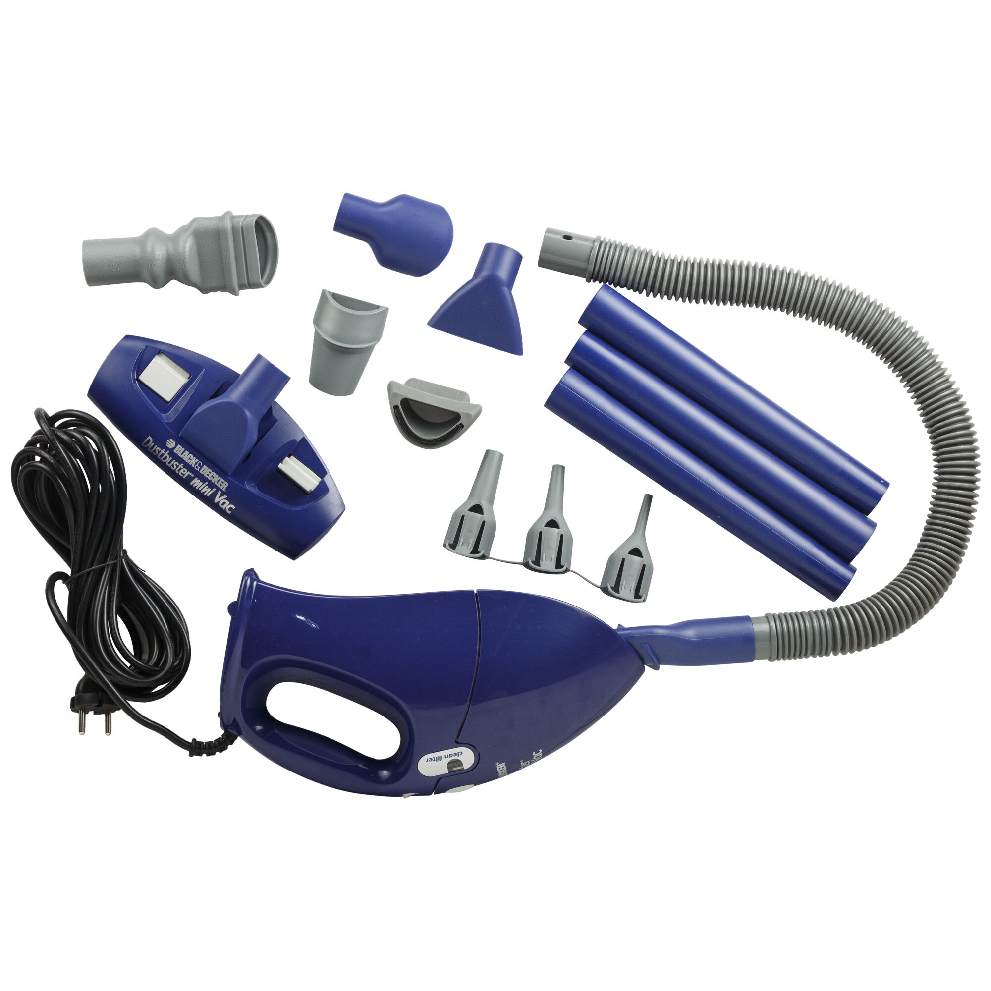 BLACKDECKER VH780 blue handheld vacuum with cord, hose, and multiple accessory attachments, photography, white background.