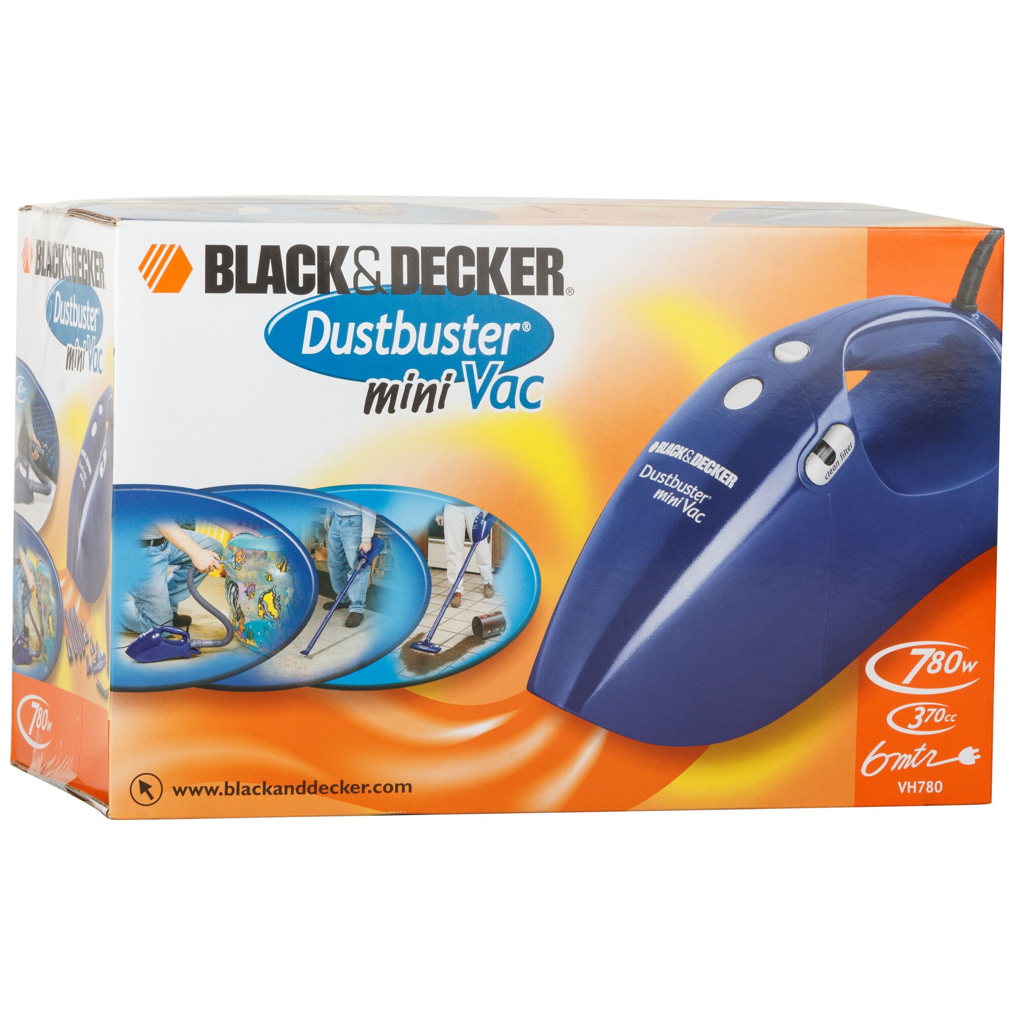 Front angle photo of BLACKDECKER Dustbuster mini Vac box, blue vacuum, SKU VH780, orange and blue packaging.
