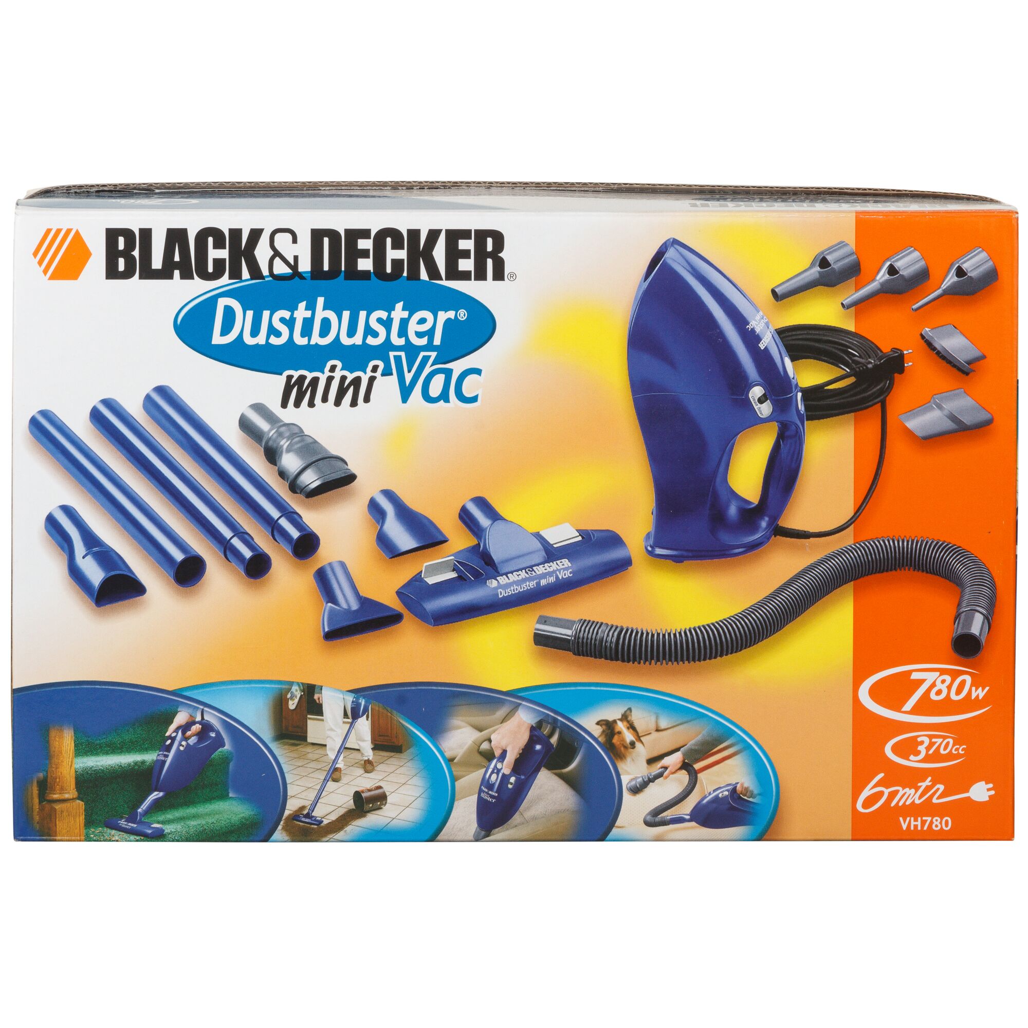 BLACK+DECKER VH780 blue Dustbuster mini Vac handheld vacuum with multiple attachments, box front angle.