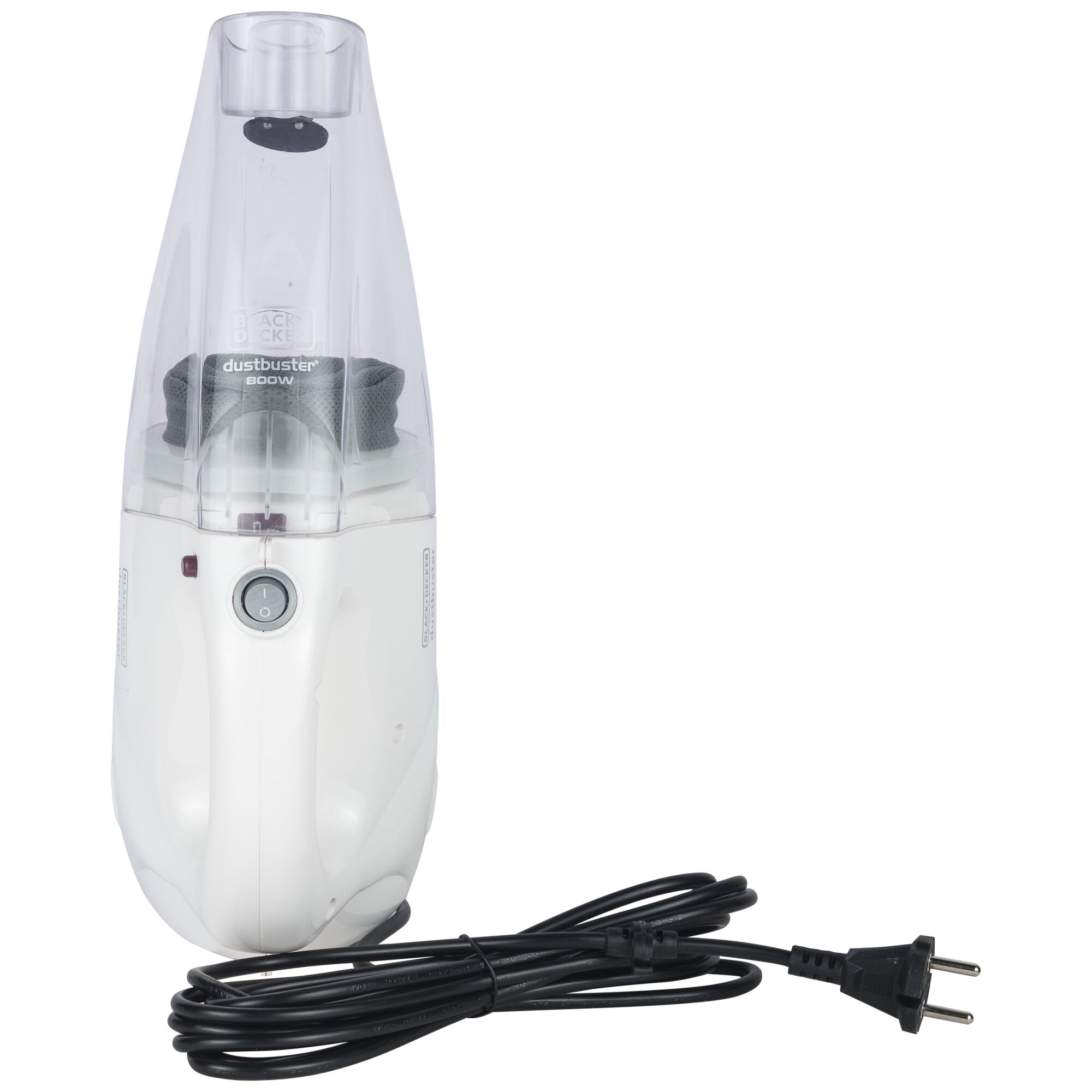 BLACKDECKER VH802 white handheld vacuum cleaner front angle with power cord visible.