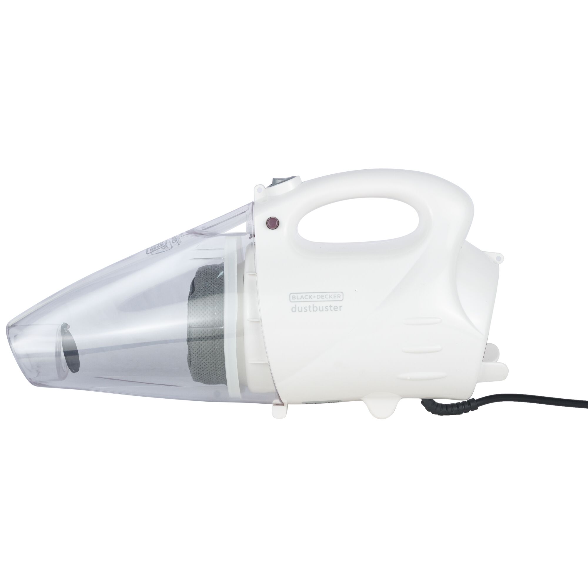 BLACKDECKER VH802 white handheld vacuum cleaner, side angle, transparent dust container visible.
