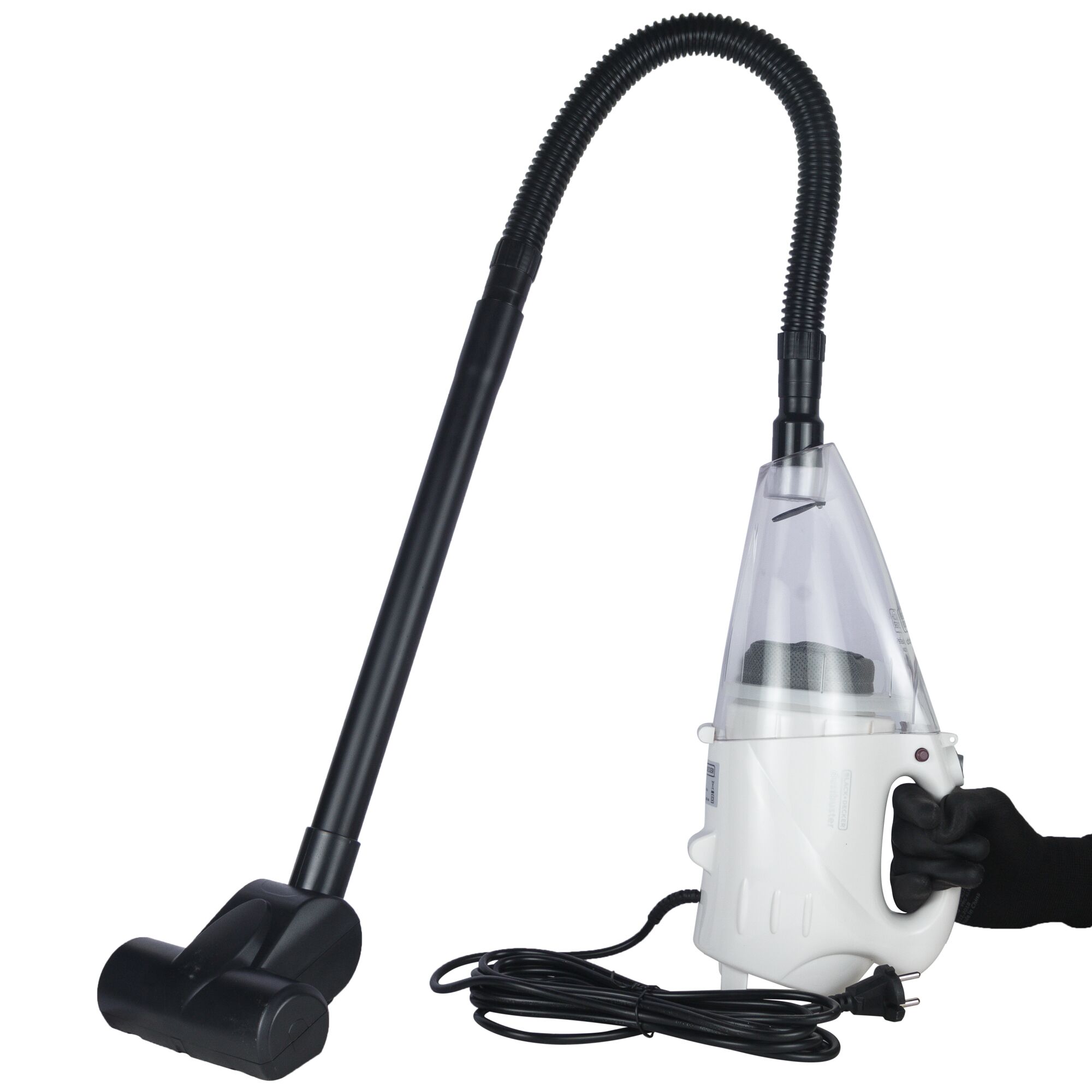 BLACKDECKER VH802 white and black handheld vacuum cleaner with long hose side view on white background.