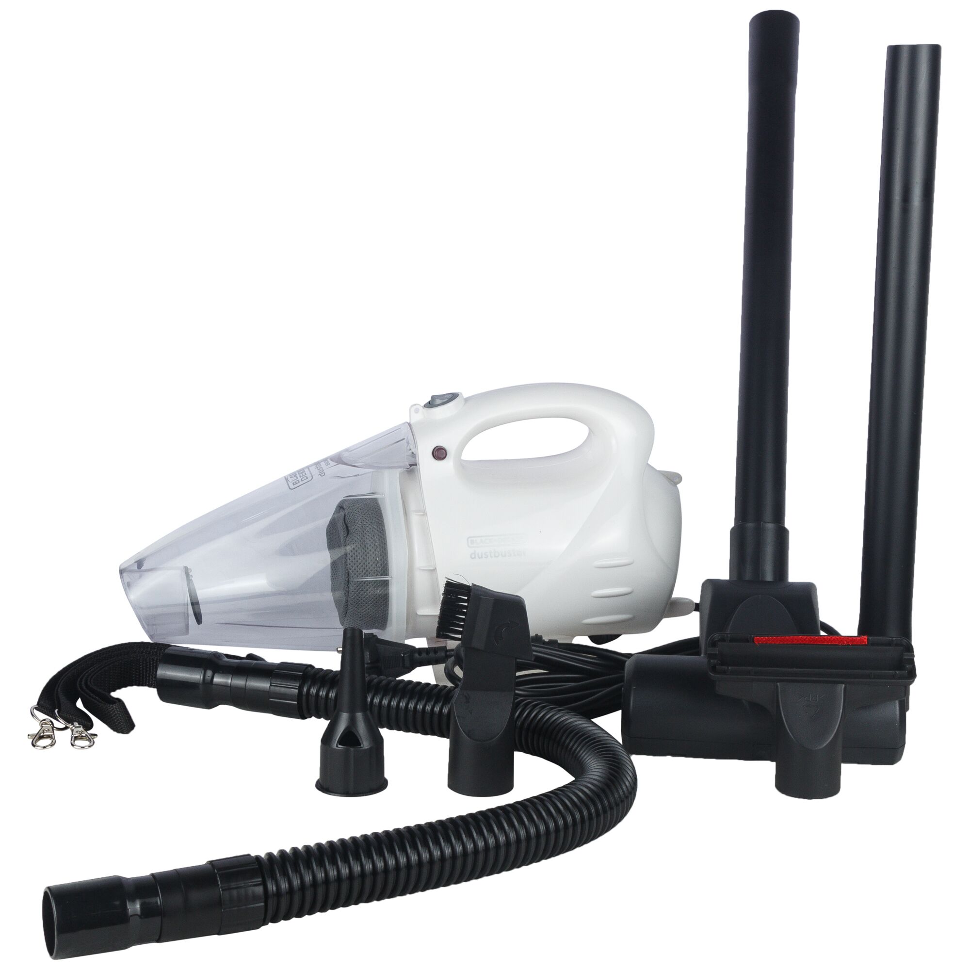 BLACKDECKER VH802 handheld vacuum cleaner with multiple black attachments and hoses, side angle on white background.