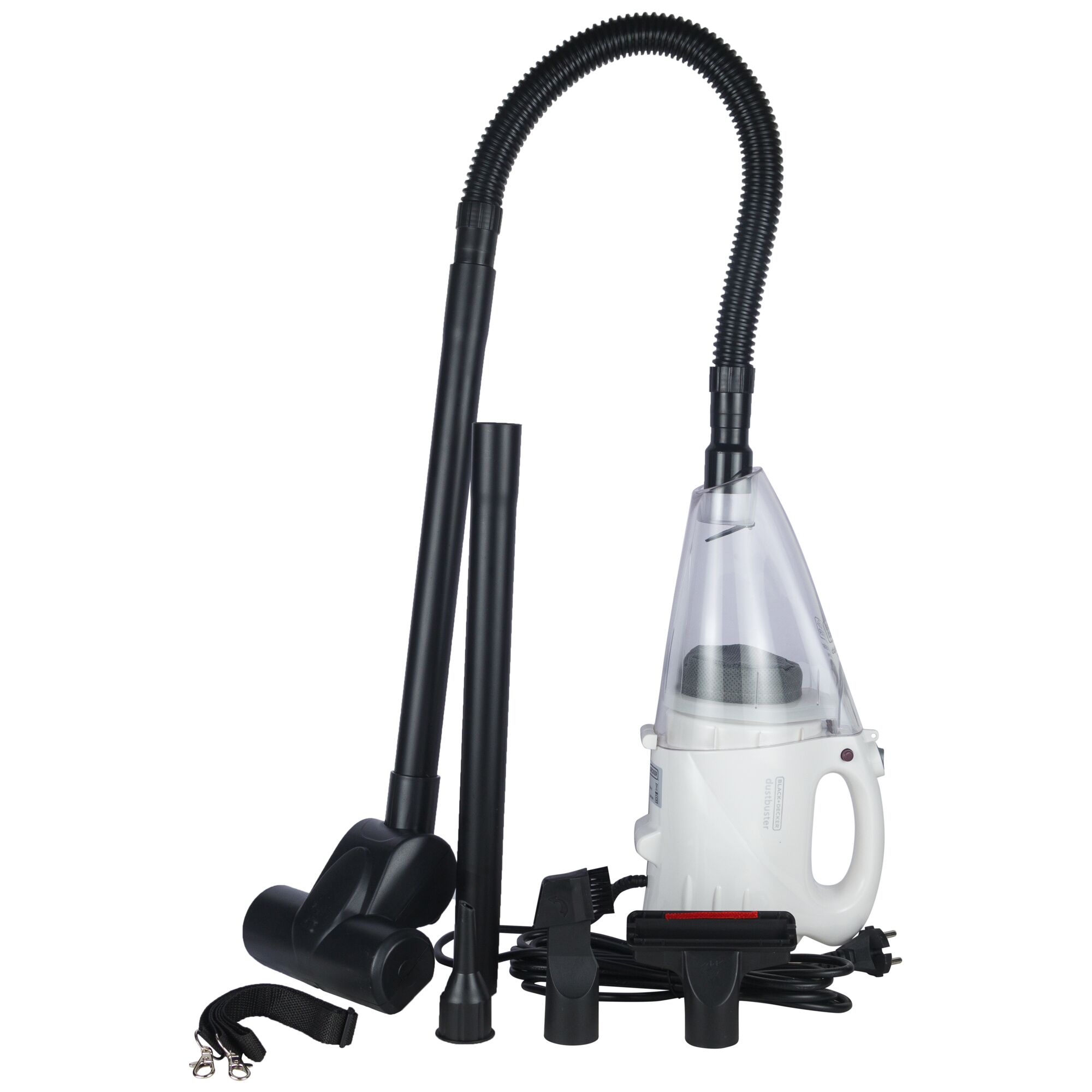 BLACKDECKER VH802 vacuum cleaner with accessories, white and black, front angle on white background.