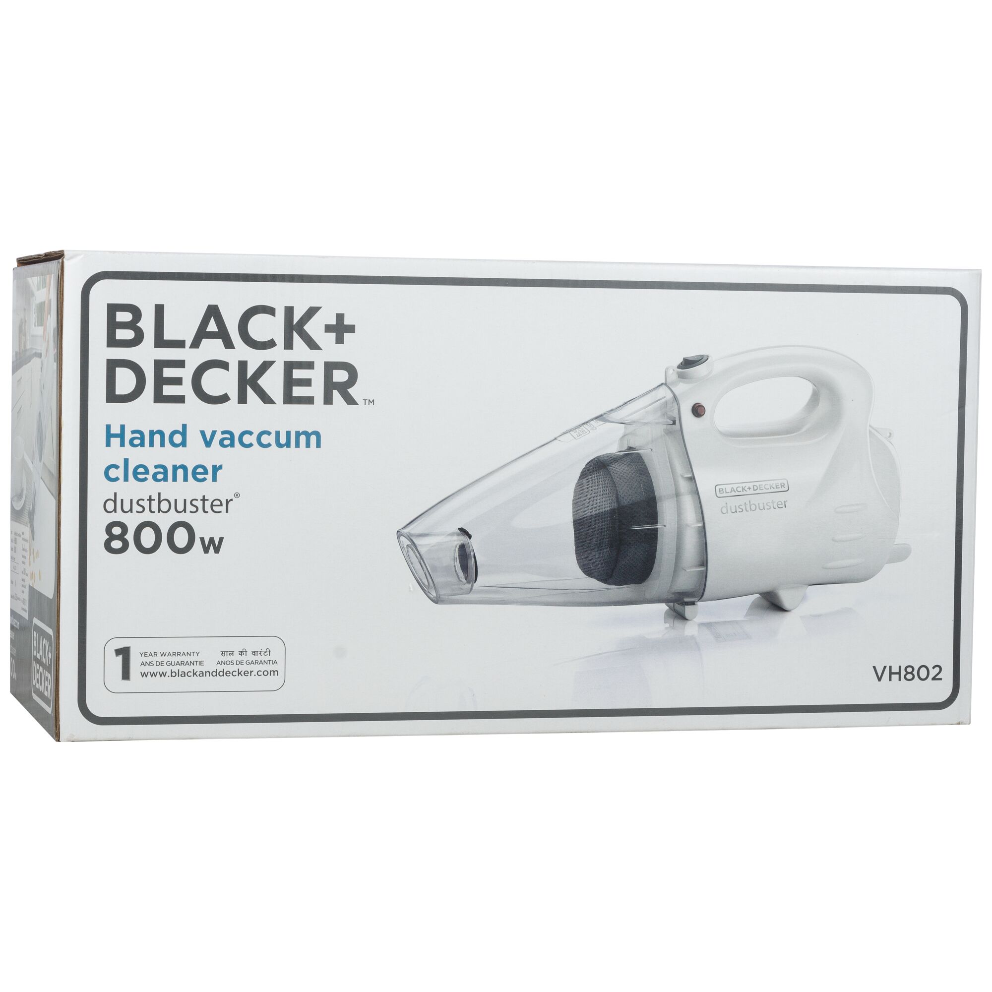 Photo of BLACK+DECKER VH802 hand vacuum cleaner box, white dustbuster 800w, front angle.