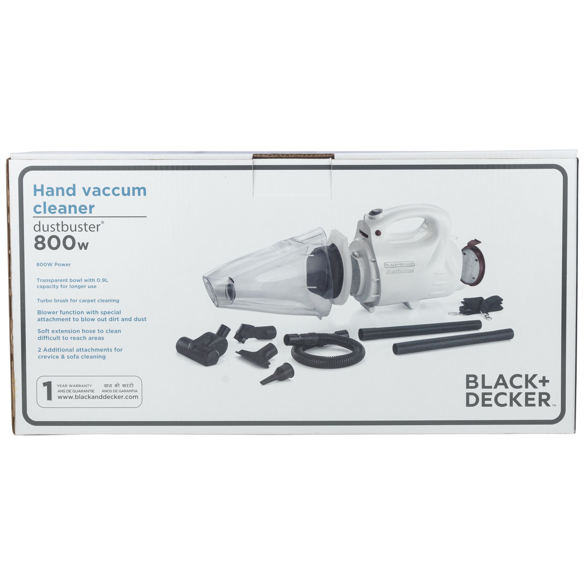 BLACKDECKER VH802 hand vacuum cleaner box photo showing cleaner and multiple accessory attachments, front angle.