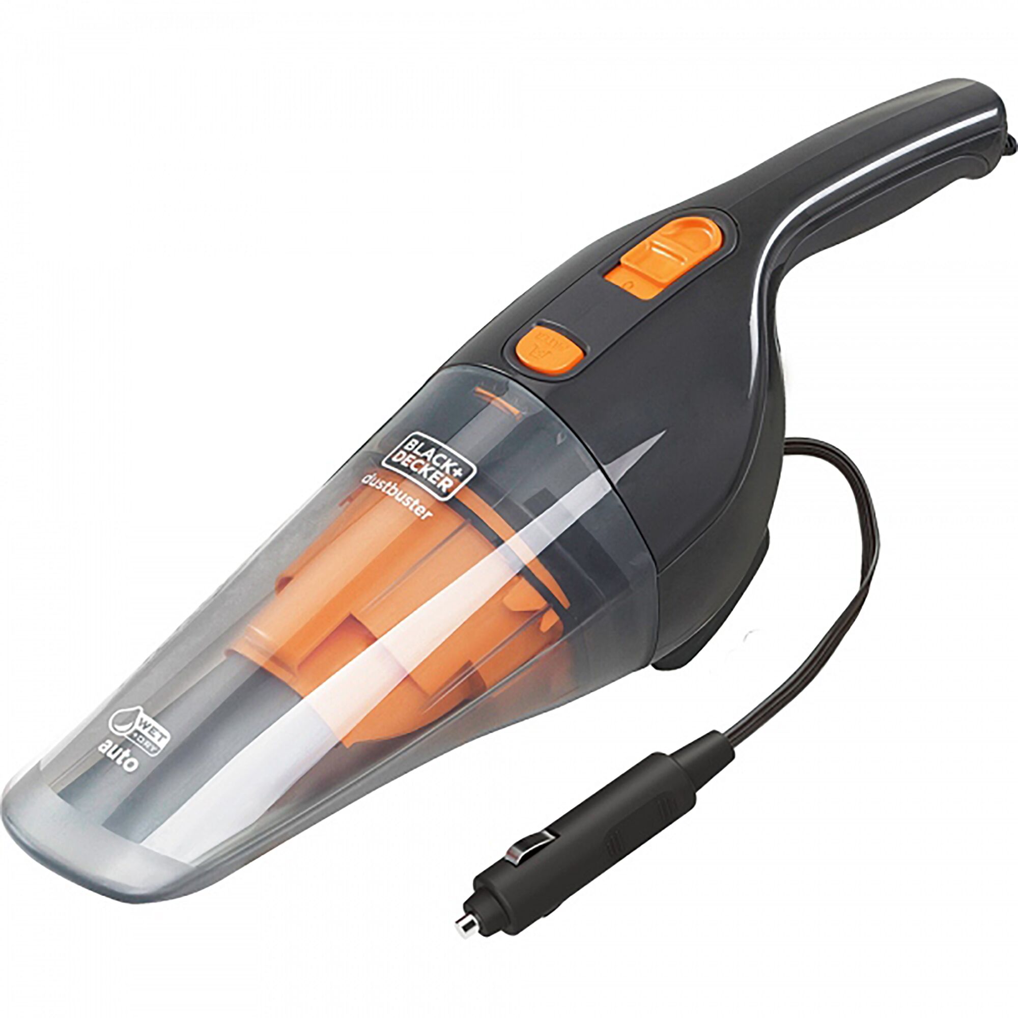 BLACKDECKER WD1210AV handheld vacuum cleaner, black and orange, side angle, with car adapter plug.