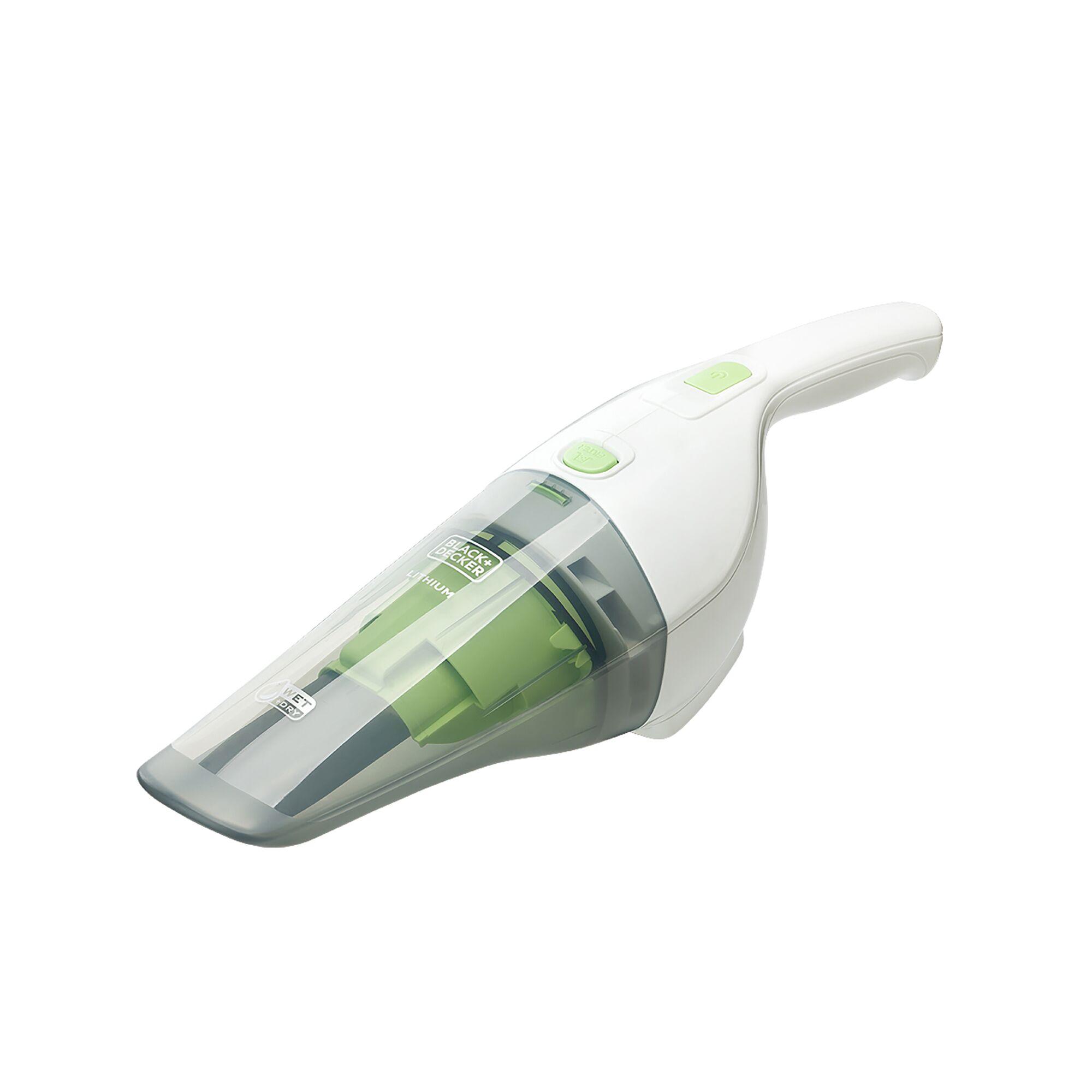 BLACKDECKER WD7201G handheld vacuum, white and green, angled side view, photography on white background.