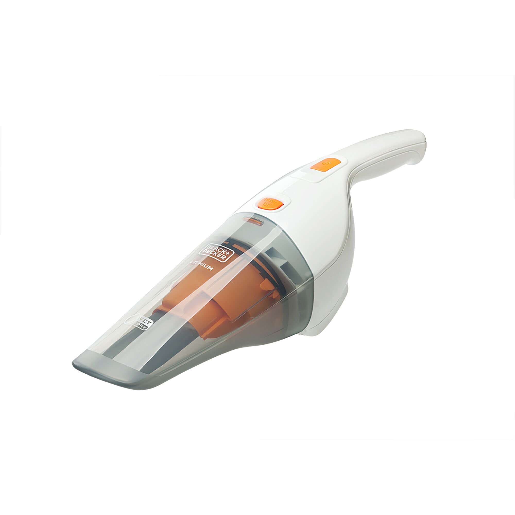 BLACKDECKER WD7201O handheld vacuum, white and orange, side angle, clear dust container.
