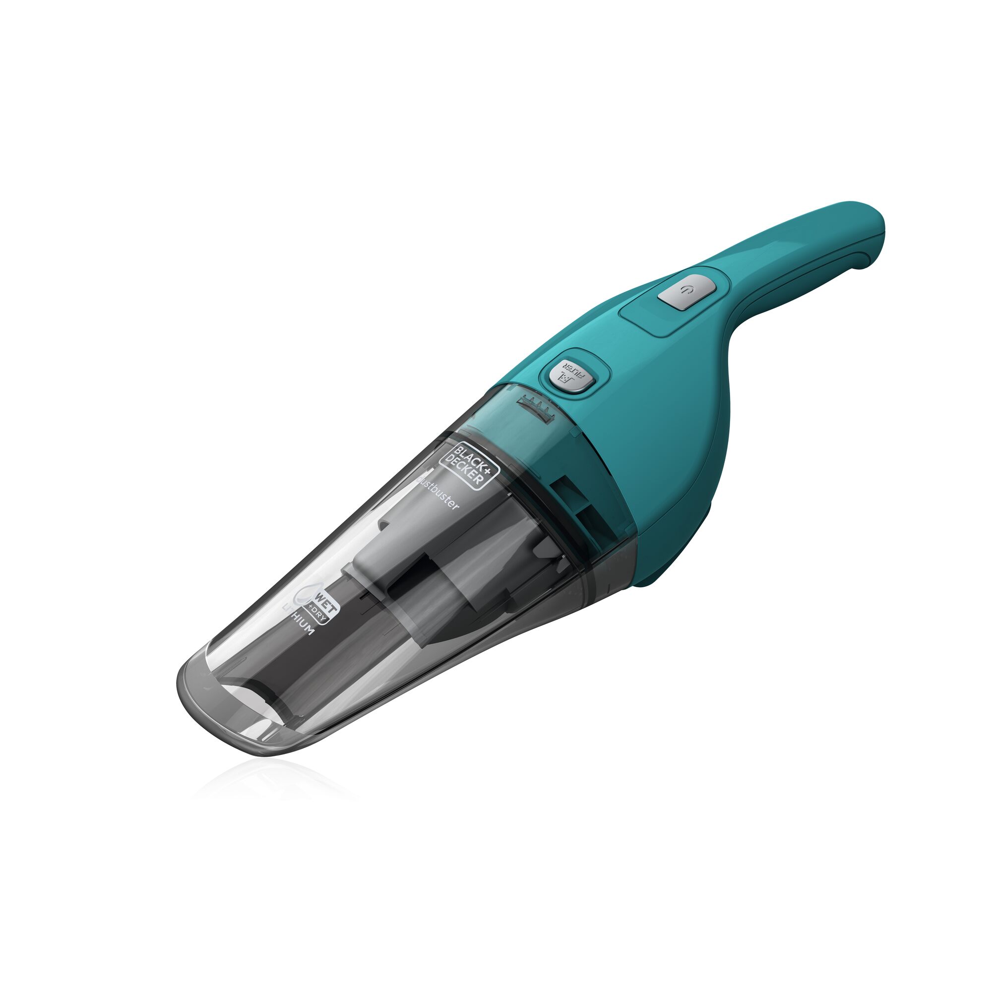 A BLACK+DECKER handheld cordless vacuum cleaner with a teal-colored body, featuring a transparent dust container and ergonomic handle.
