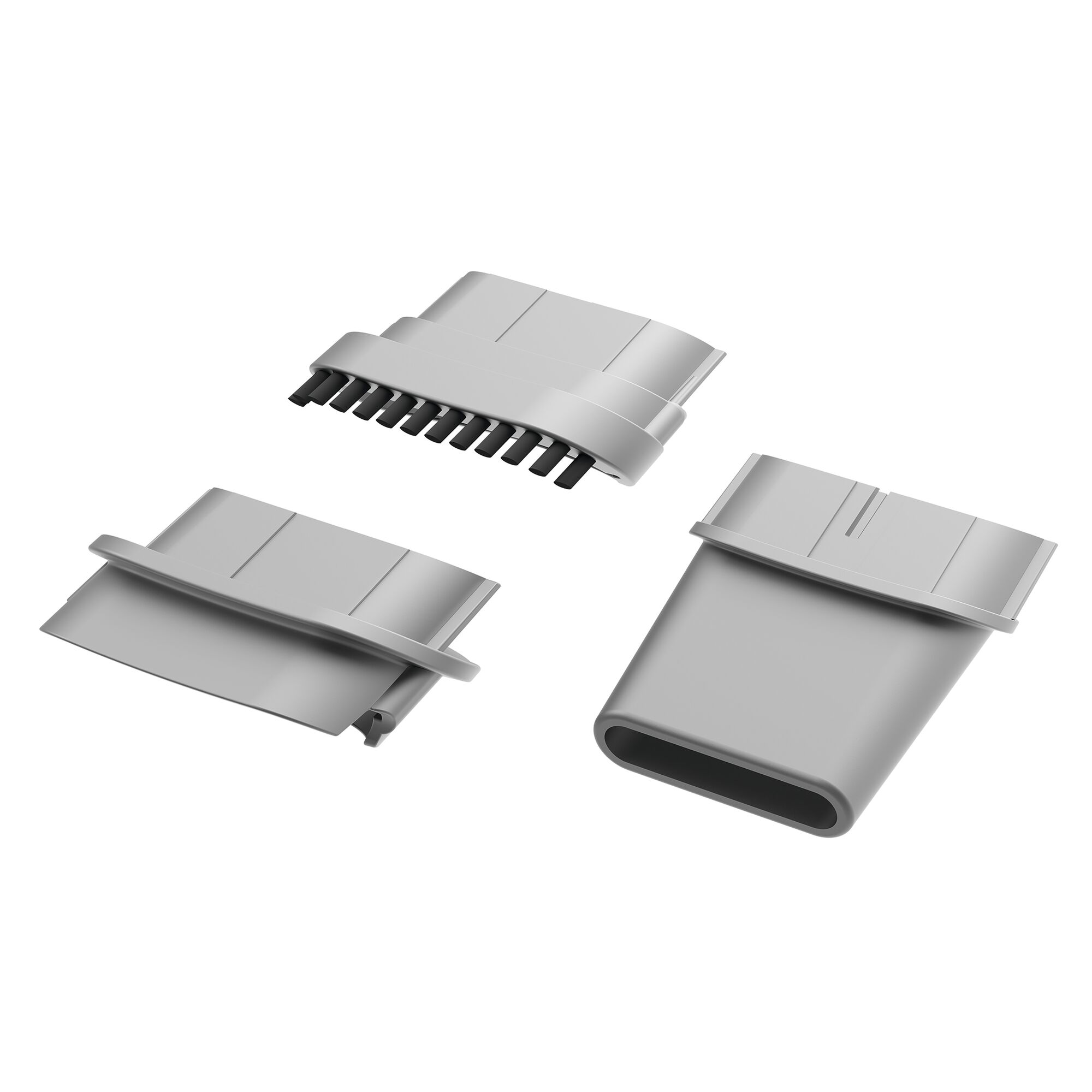 Three gray plastic vacuum cleaner accessories are displayed on a white background. The accessories include a brush attachment with black bristles, a flat nozzle, and an oval-shaped nozzle.