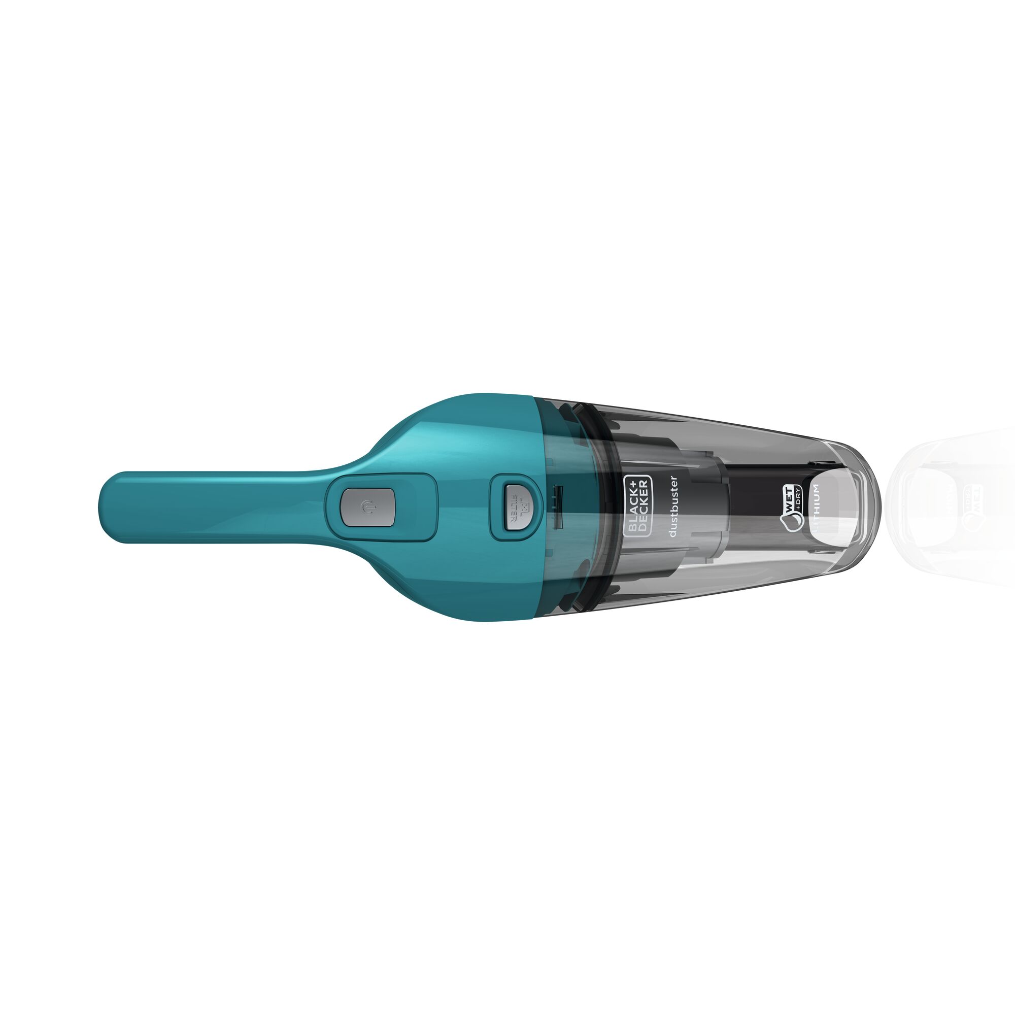 A turquoise BLACK+DECKER handheld vacuum cleaner viewed from above, showing its transparent dust container and power button.