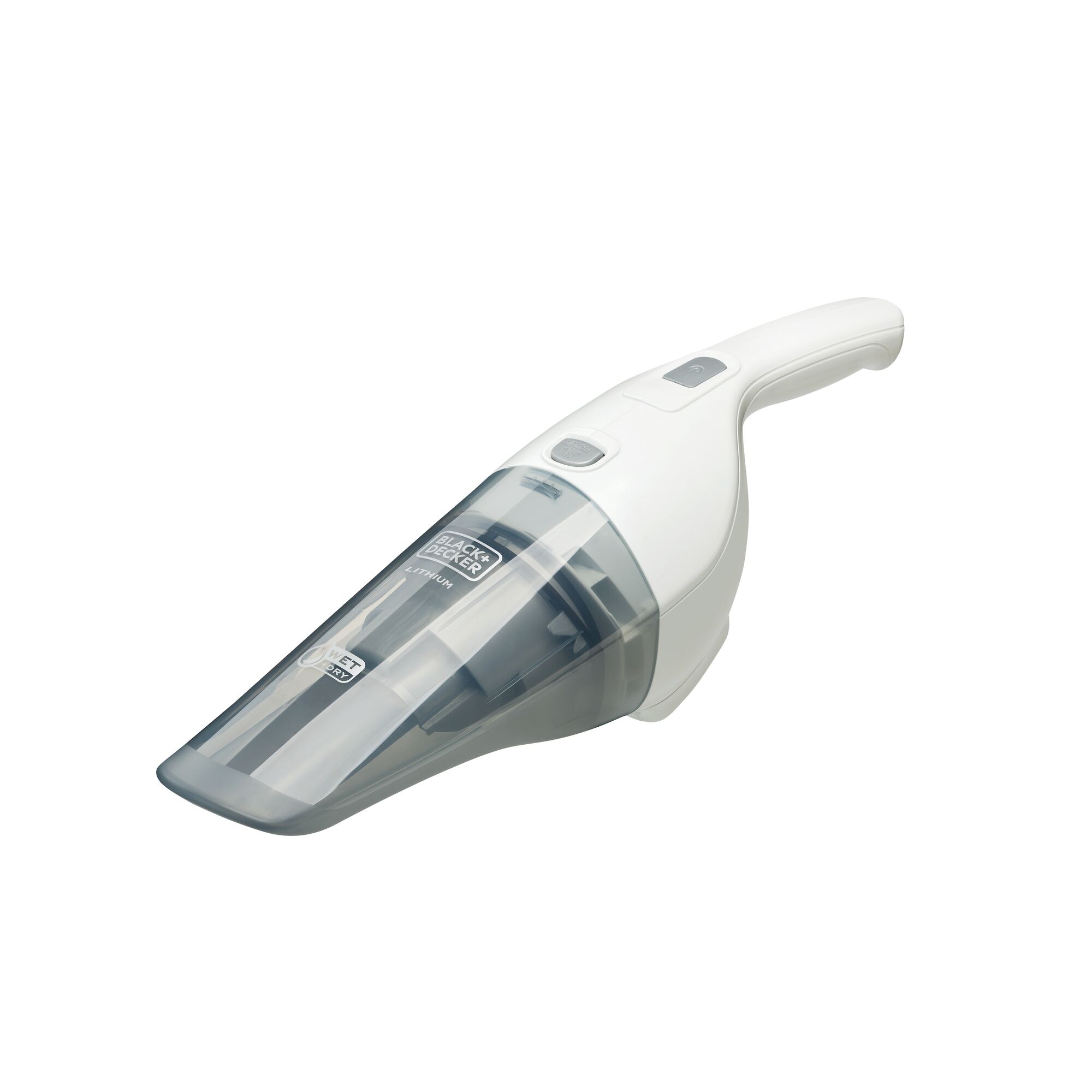 BLACK+DECKER WDB115W handheld vacuum cleaner, white and grey, side angle on white background.