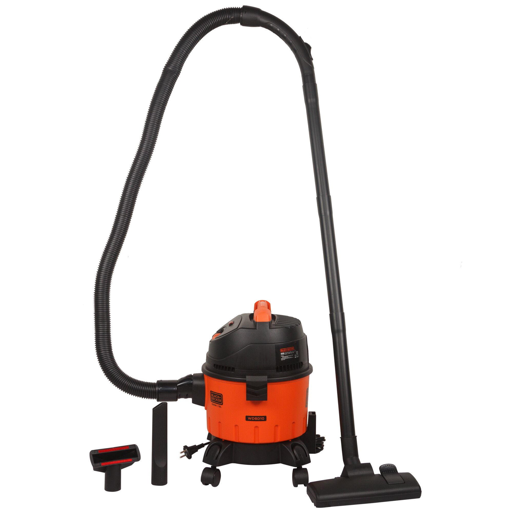 BLACKDECKER WDBD10 orange and black wet and dry vacuum with hose and accessories, front angle, photography.