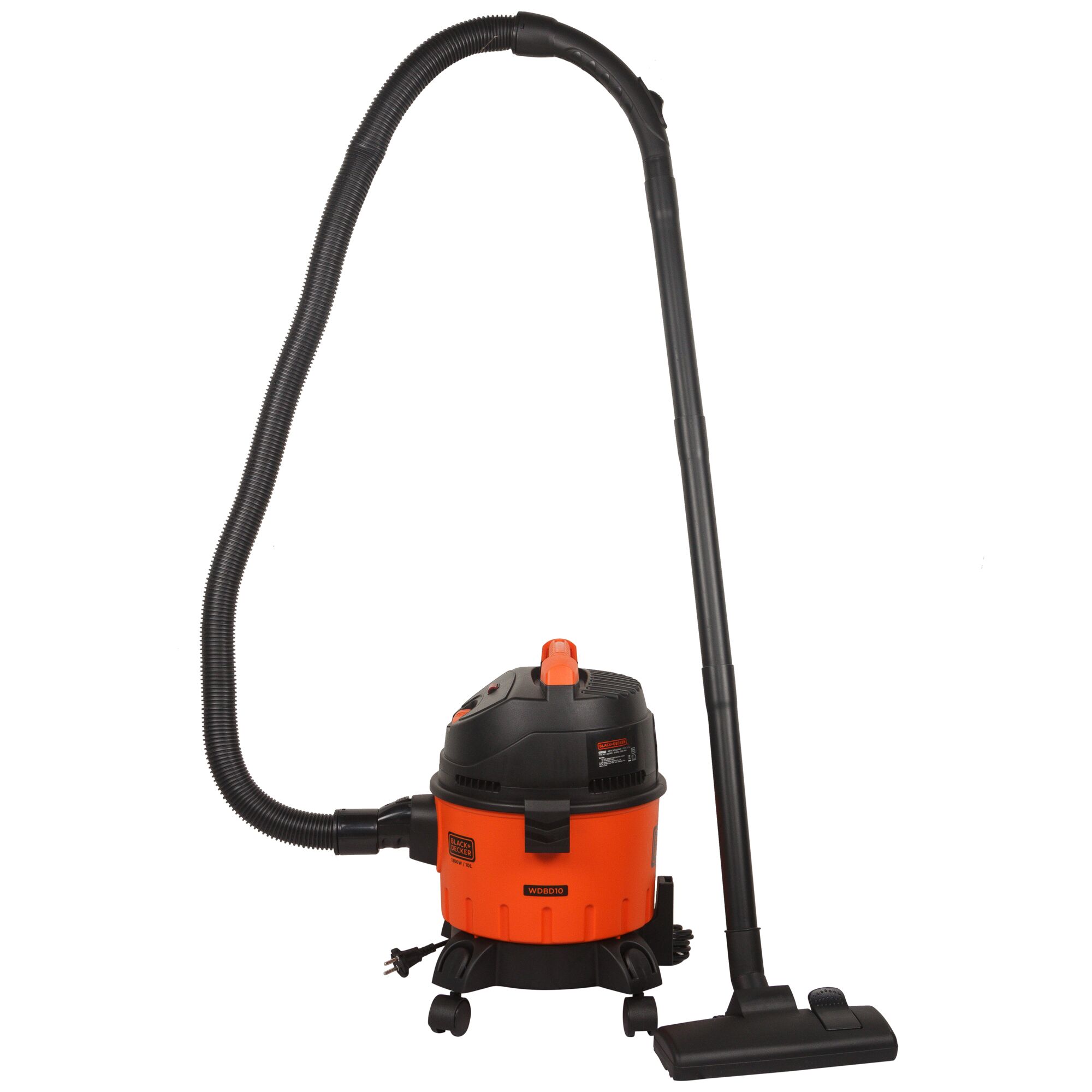 BLACKDECKER WDBD10 orange and black wet dry vacuum cleaner, side angle on white background.