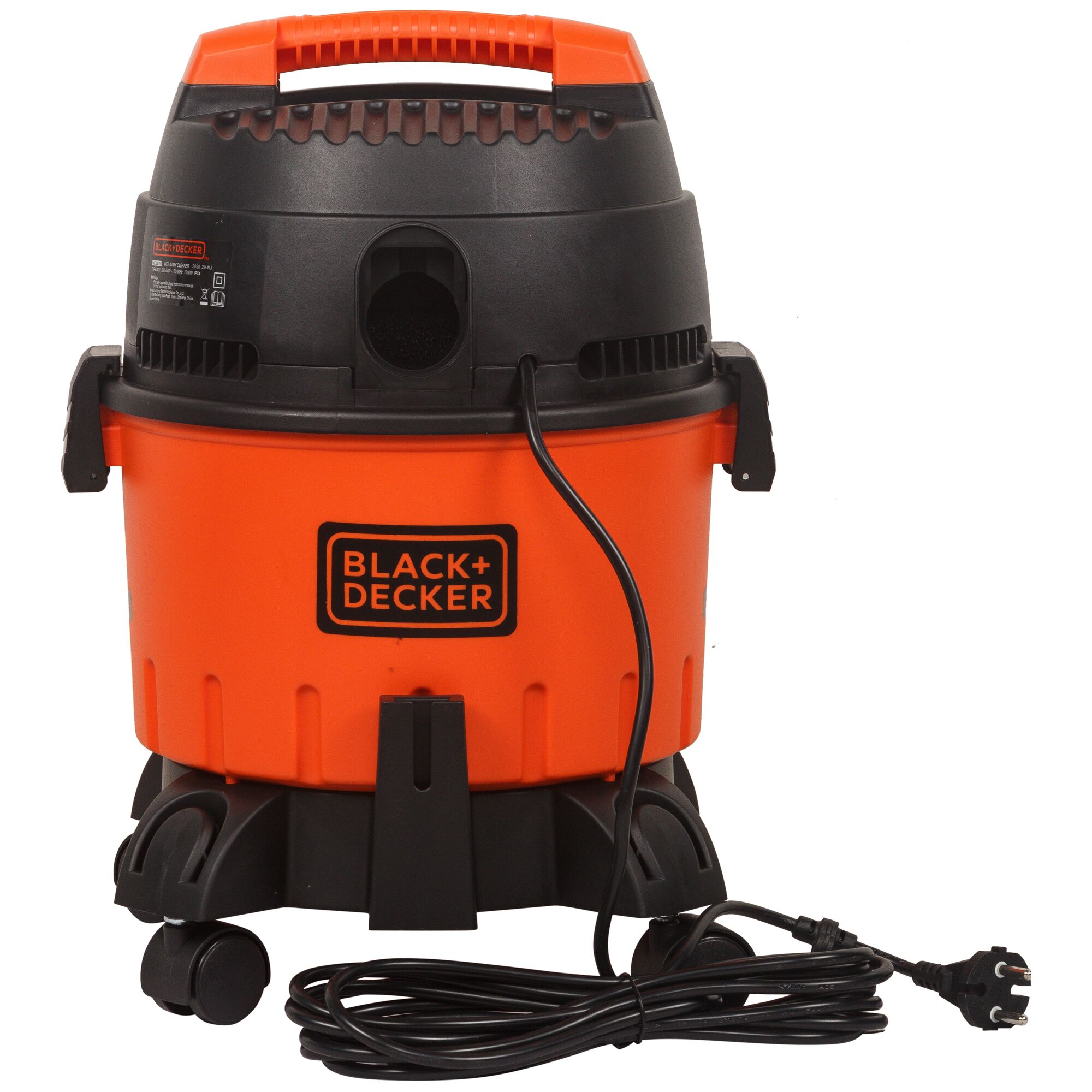 BLACK+DECKER WDBD10 orange and black wet dry vacuum with cord, front angle on white background.