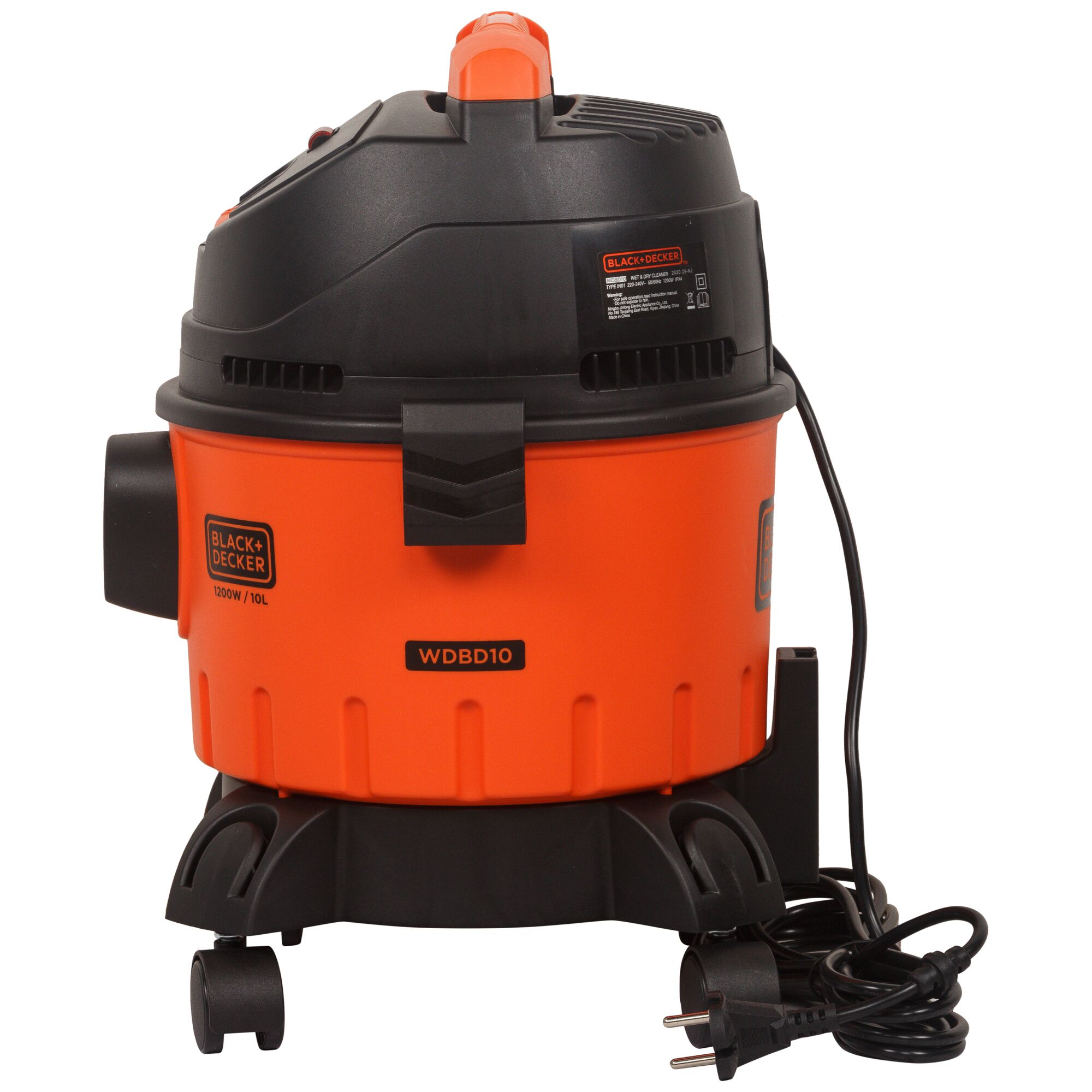 Black+Decker WDBD10 wet and dry vacuum cleaner, orange and black, front angle, corded, on wheels.