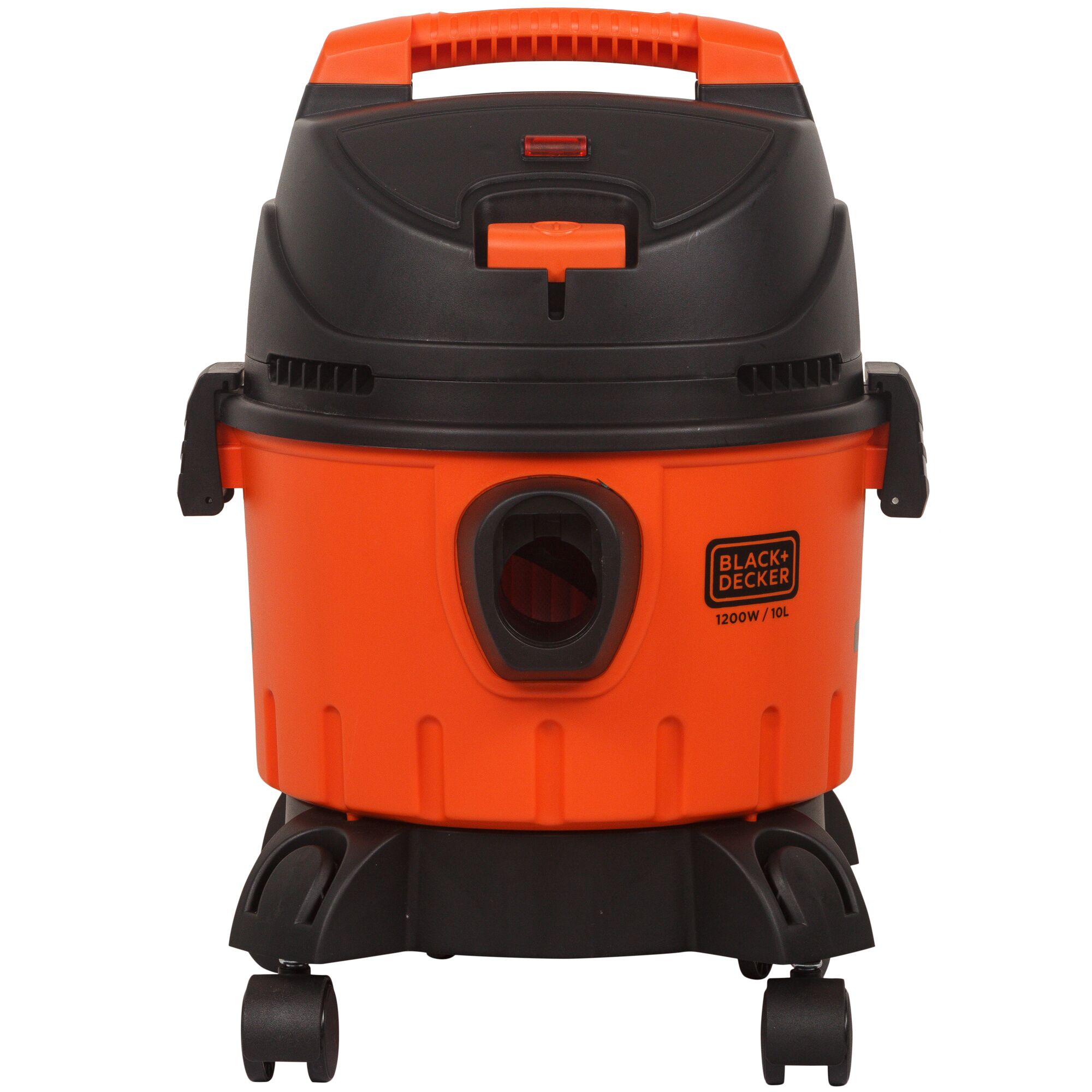 BLACKDECKER WDBD10 wet and dry vacuum, orange and black, front angle, 1200W power, 10L capacity.