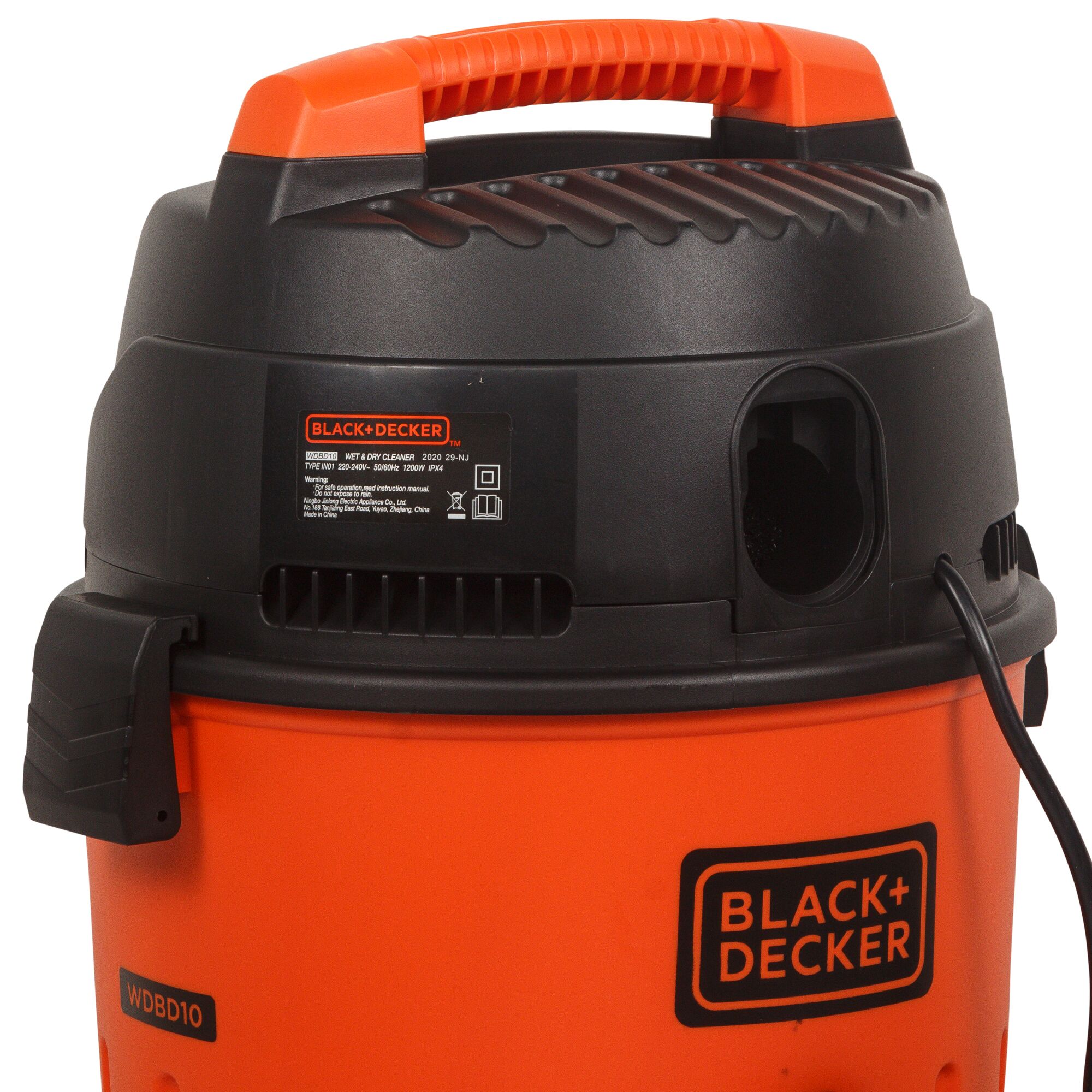 BLACK+DECKER WDBD10 wet and dry vacuum cleaner, orange and black, front angle, with handle and label visible.