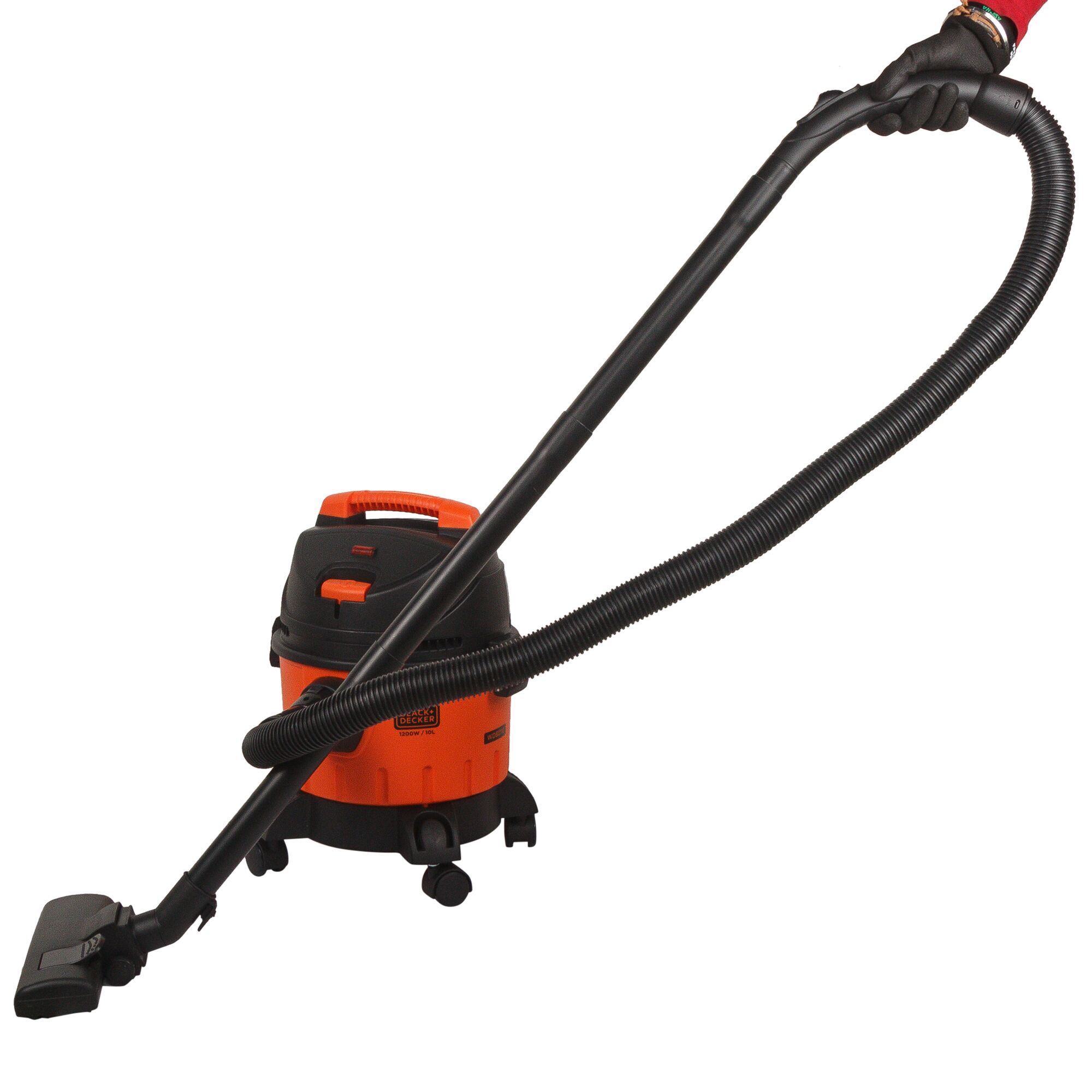 BLACKDECKER WDBD10 wet and dry vacuum cleaner in orange, photography side angle, wheeled base, flexible hose.