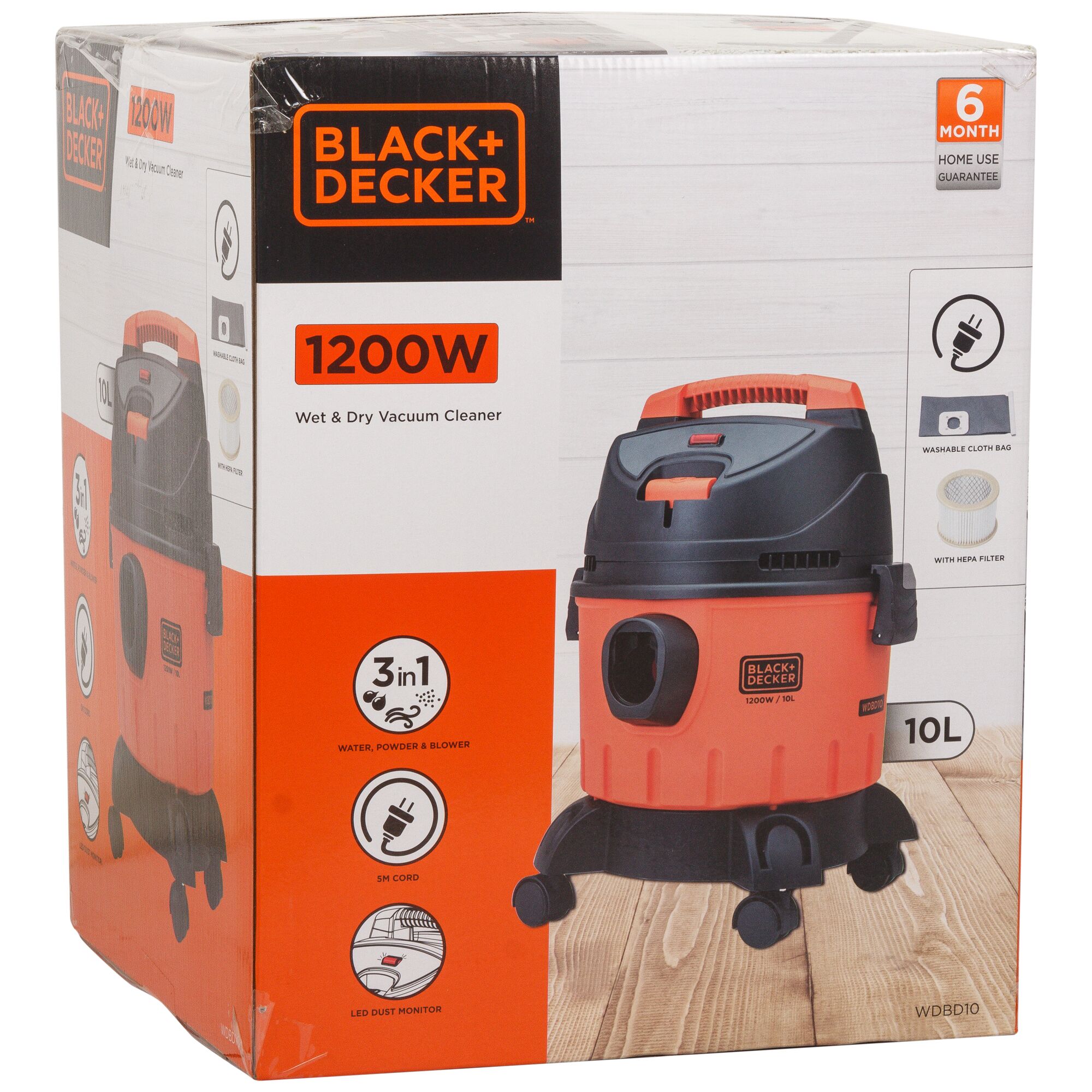 Photo of BLACK+DECKER WDBD10 wet and dry vacuum cleaner, 1200W, orange and black, product box front angle.