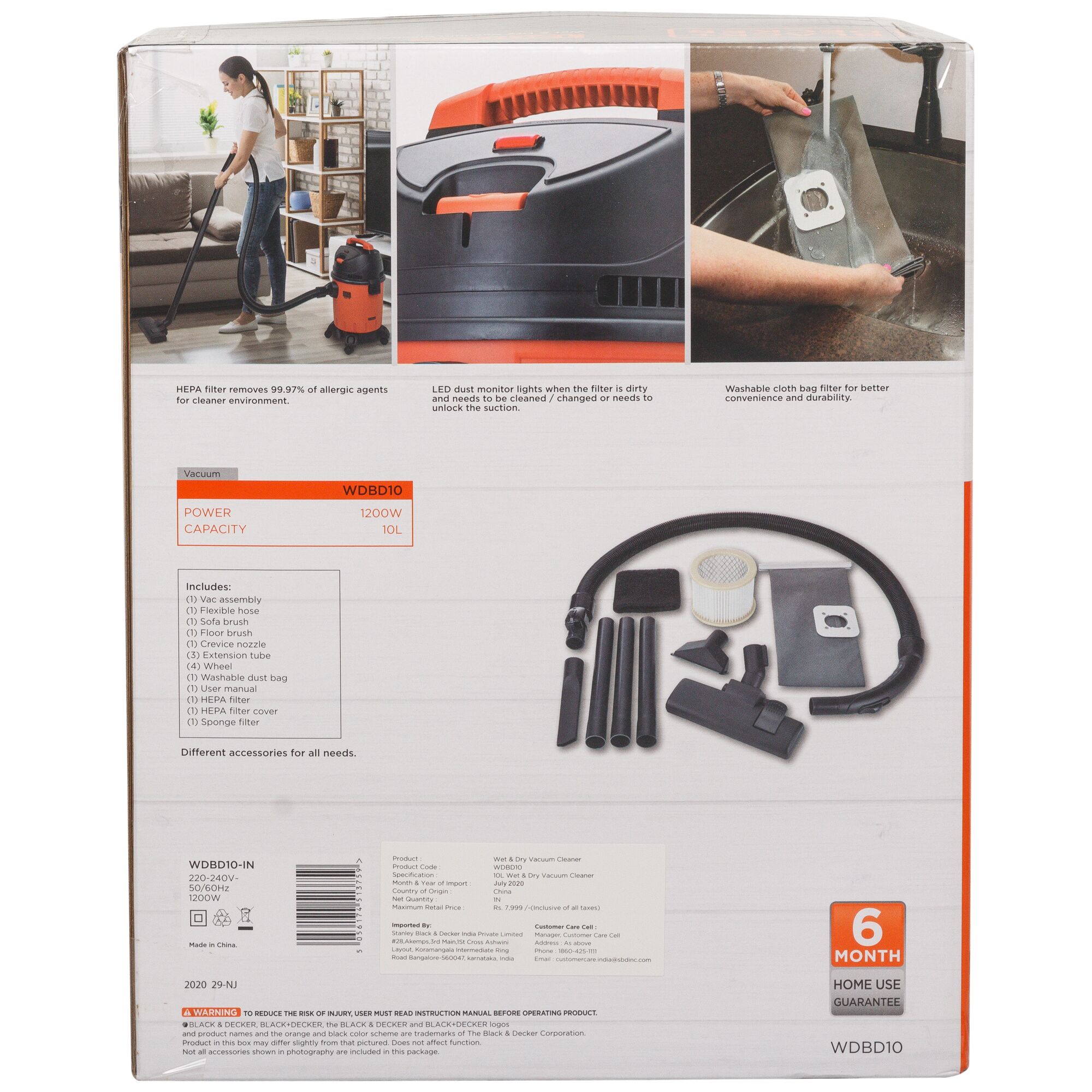 BLACKDECKER WDBD10 vacuum cleaner box with accessories, HEPA filter, hose, extension tubes, and product details visible.