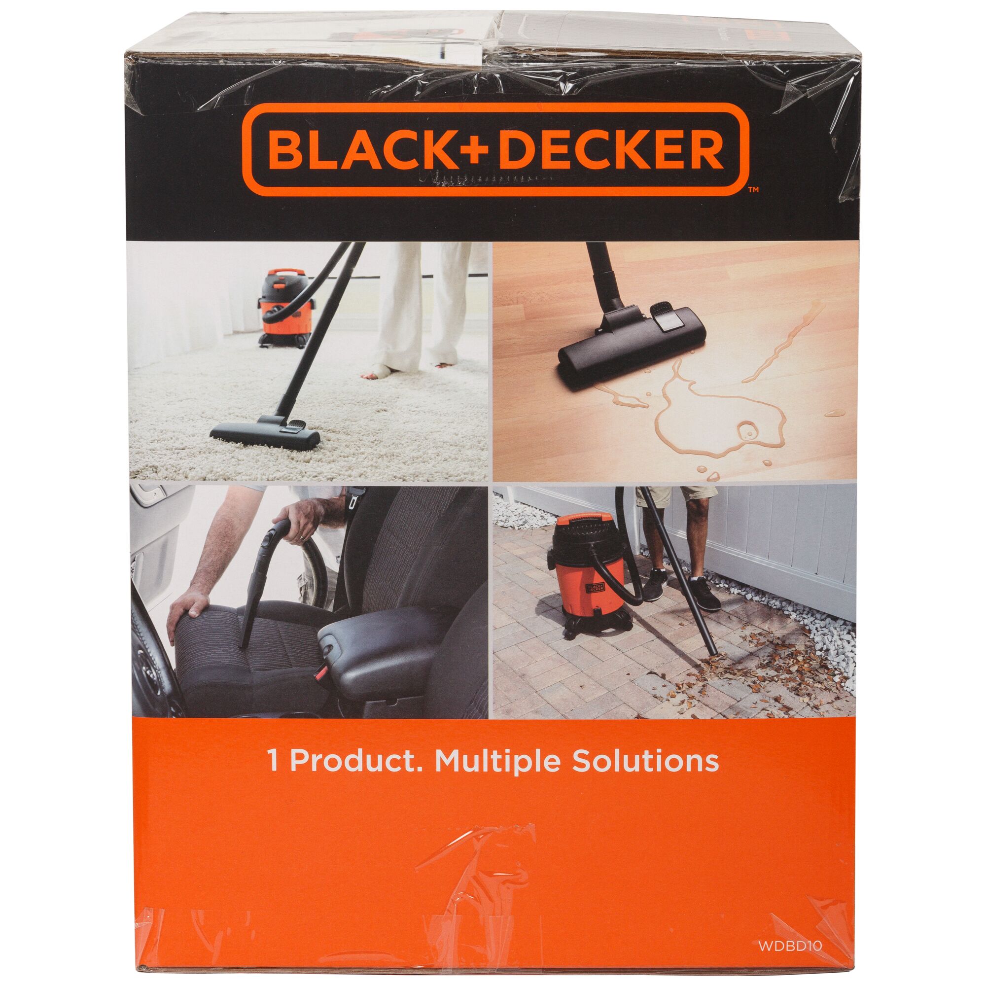 BLACK+DECKER WDBD10 vacuum cleaner box, showing product used on carpet, hard floor, car seat, and patio, front angle.