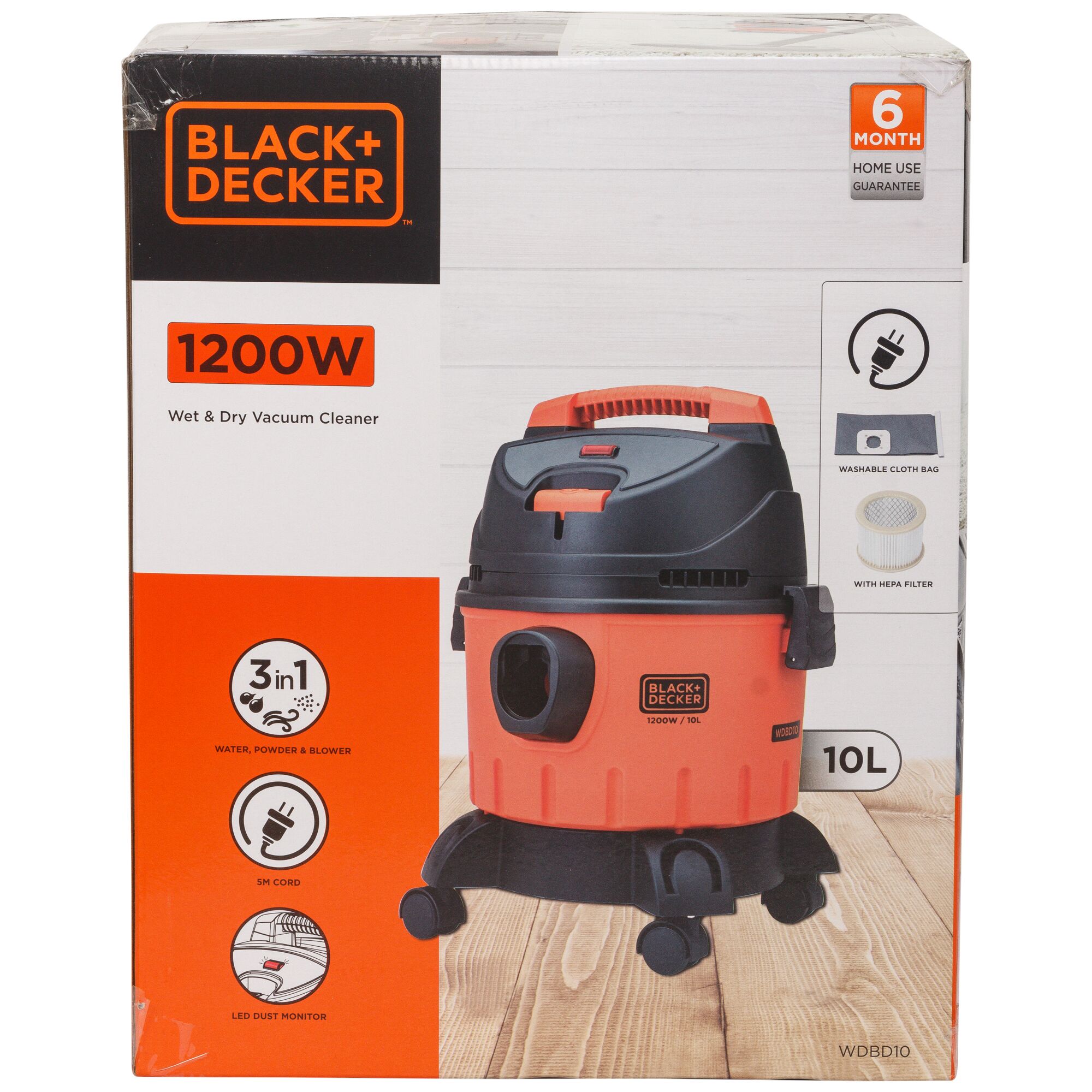 Front angle photo of BLACKDECKER WDBD10 wet and dry vacuum cleaner box with 1200W power and 10L capacity.