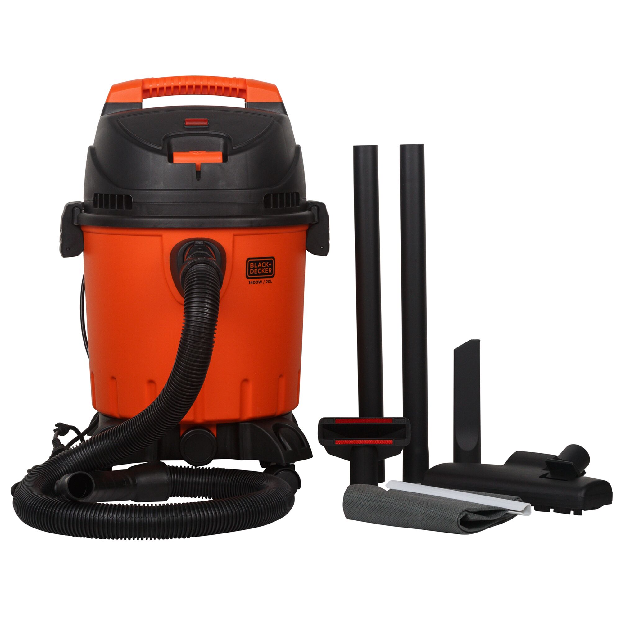 BLACKDECKER WDBD20 orange wet dry vacuum with hose and accessories, front angle on white background.