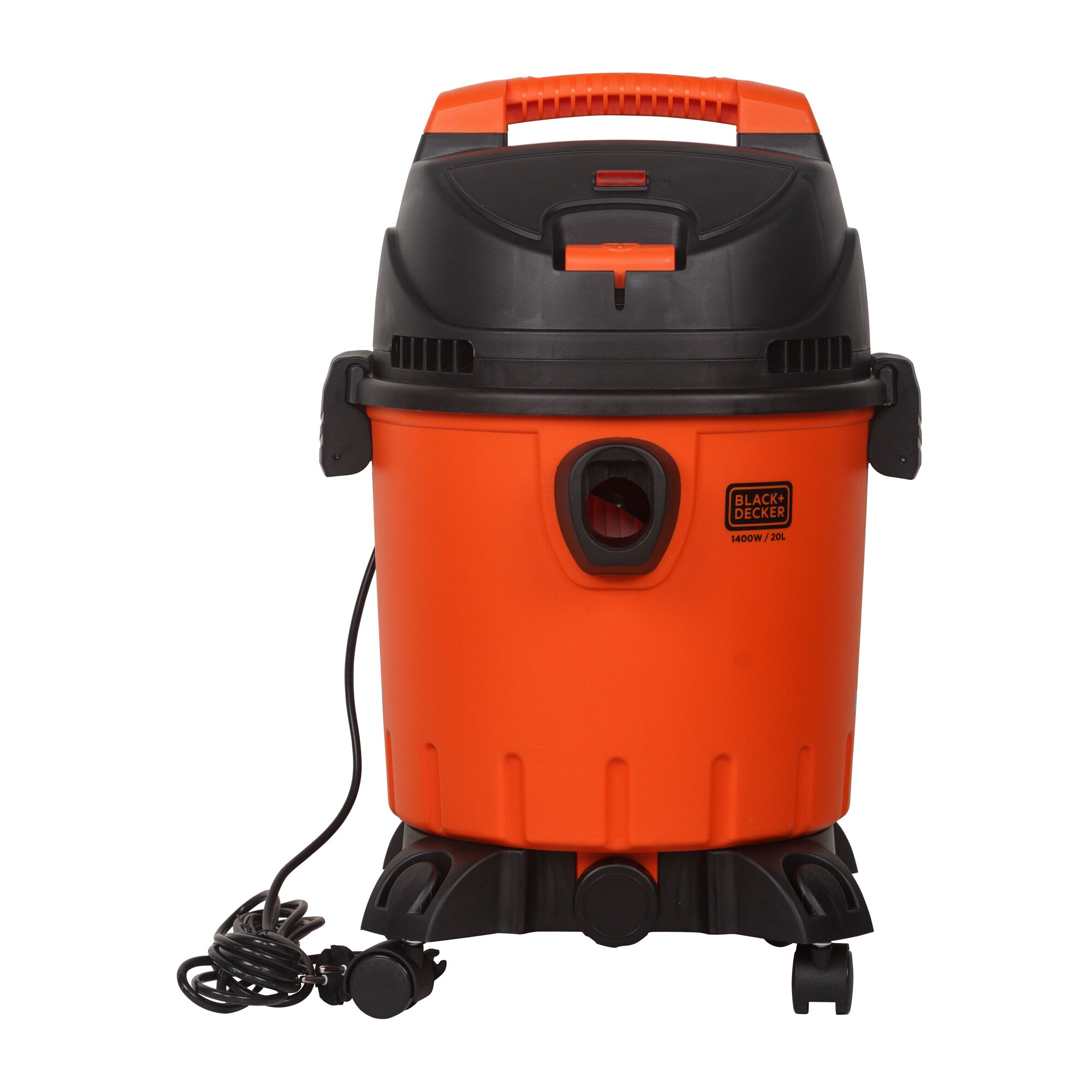 BLACKDECKER WDBD20 orange and black wet dry vacuum front angle with cord, plastic wheels, and handle.