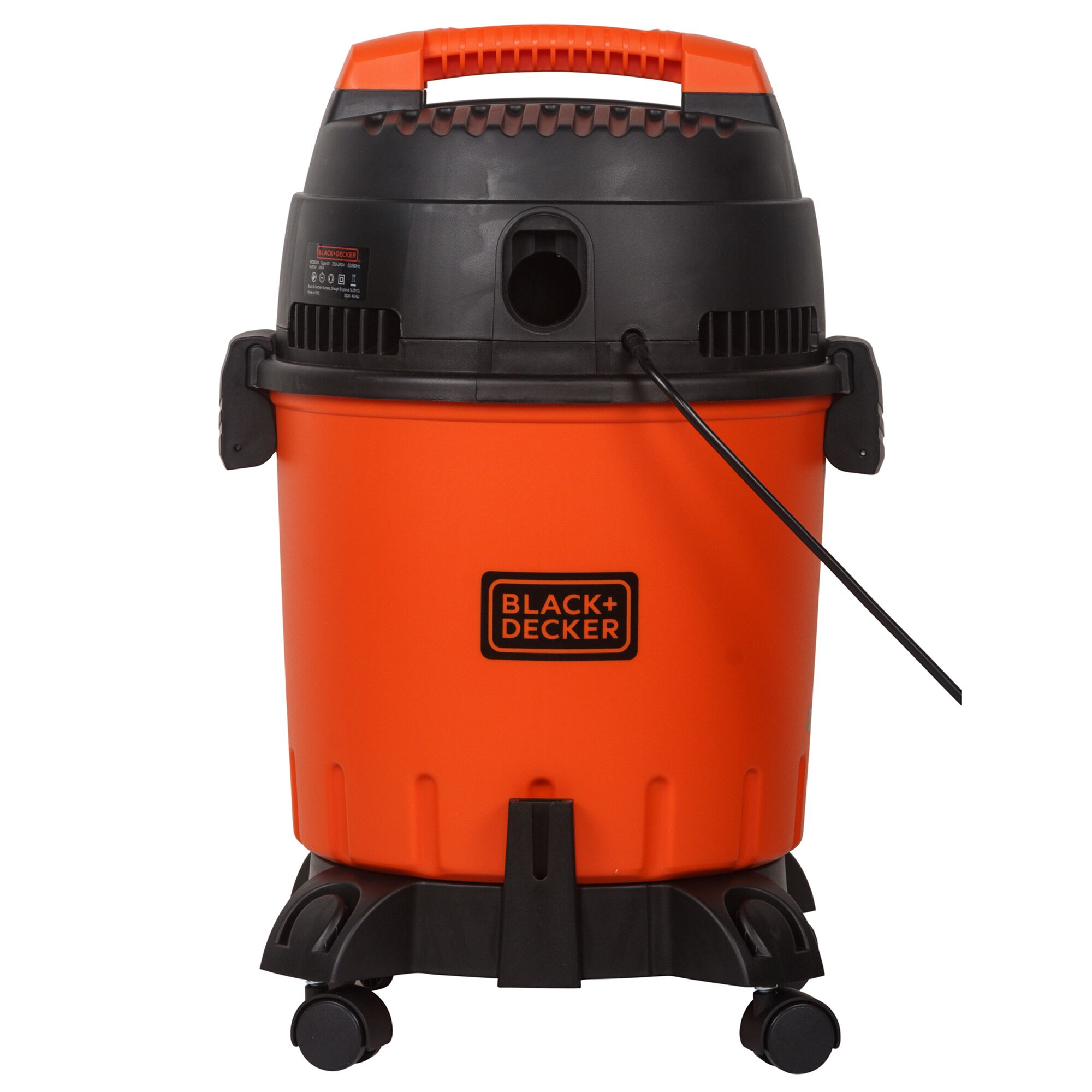 BLACK+DECKER WDBD20 orange and black wet dry vacuum, front angle, rolling base, large carry handle.