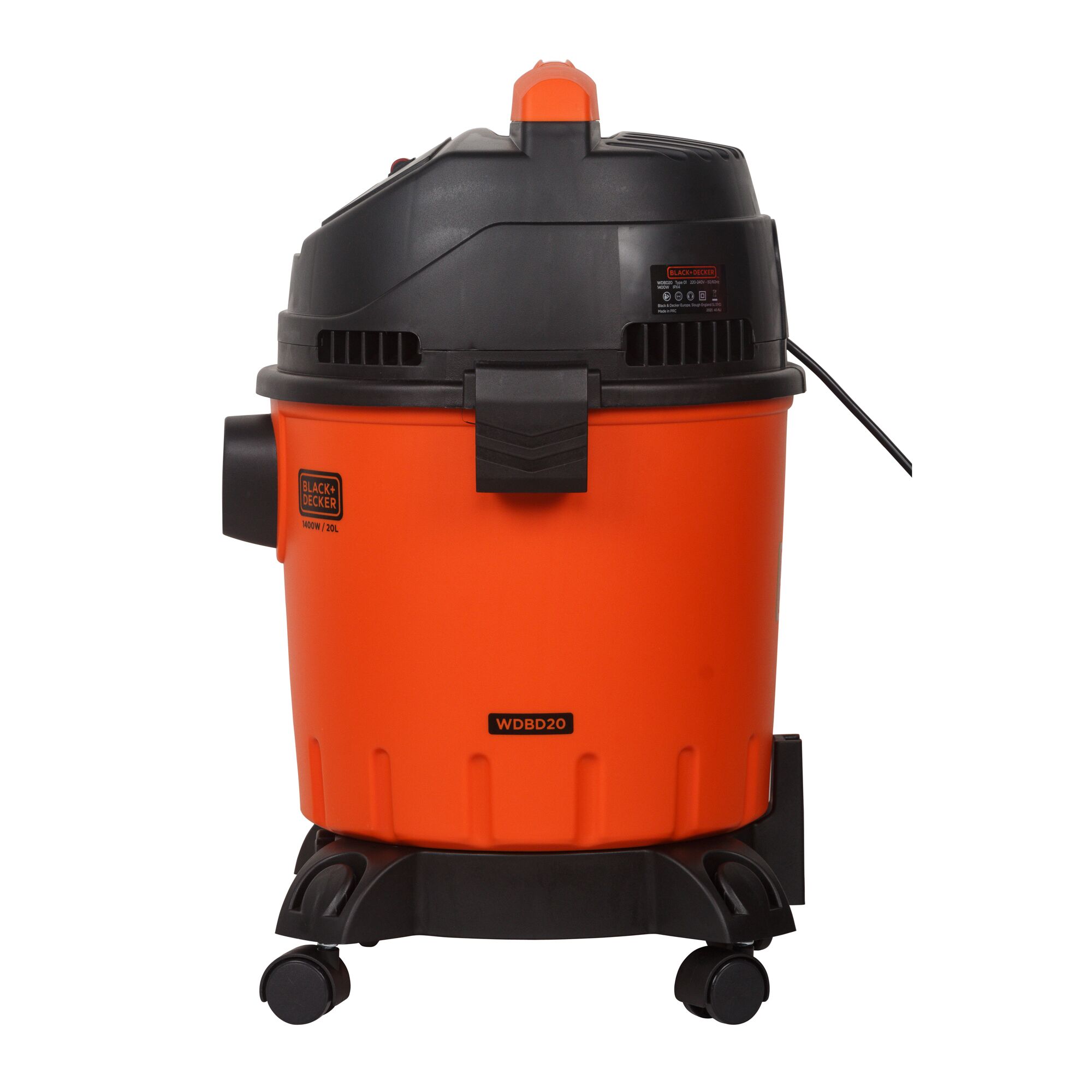 BLACKDECKER WDBD20 orange and black wet dry vacuum front angle on white background.