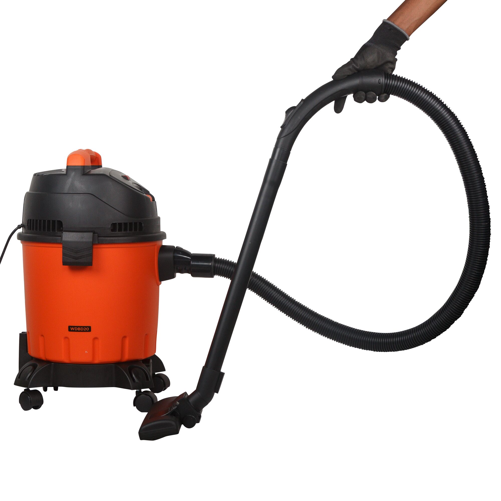 Photo of BLACKDECKER WDBD20 wet and dry vacuum cleaner with orange and black body, hose, and floor nozzle, side angle.