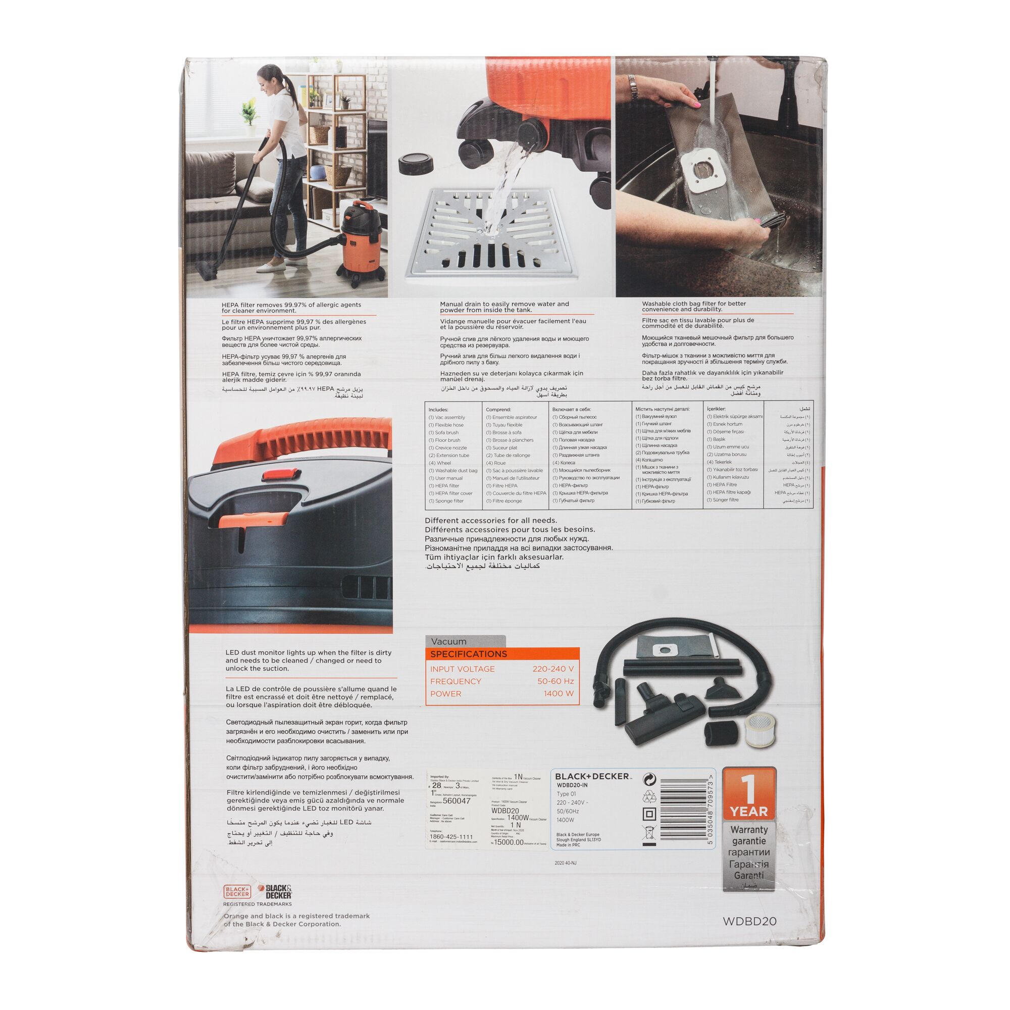 Rear box view of BLACKDECKER WDBD20 vacuum showing features, specifications, warranty, and included accessories.
