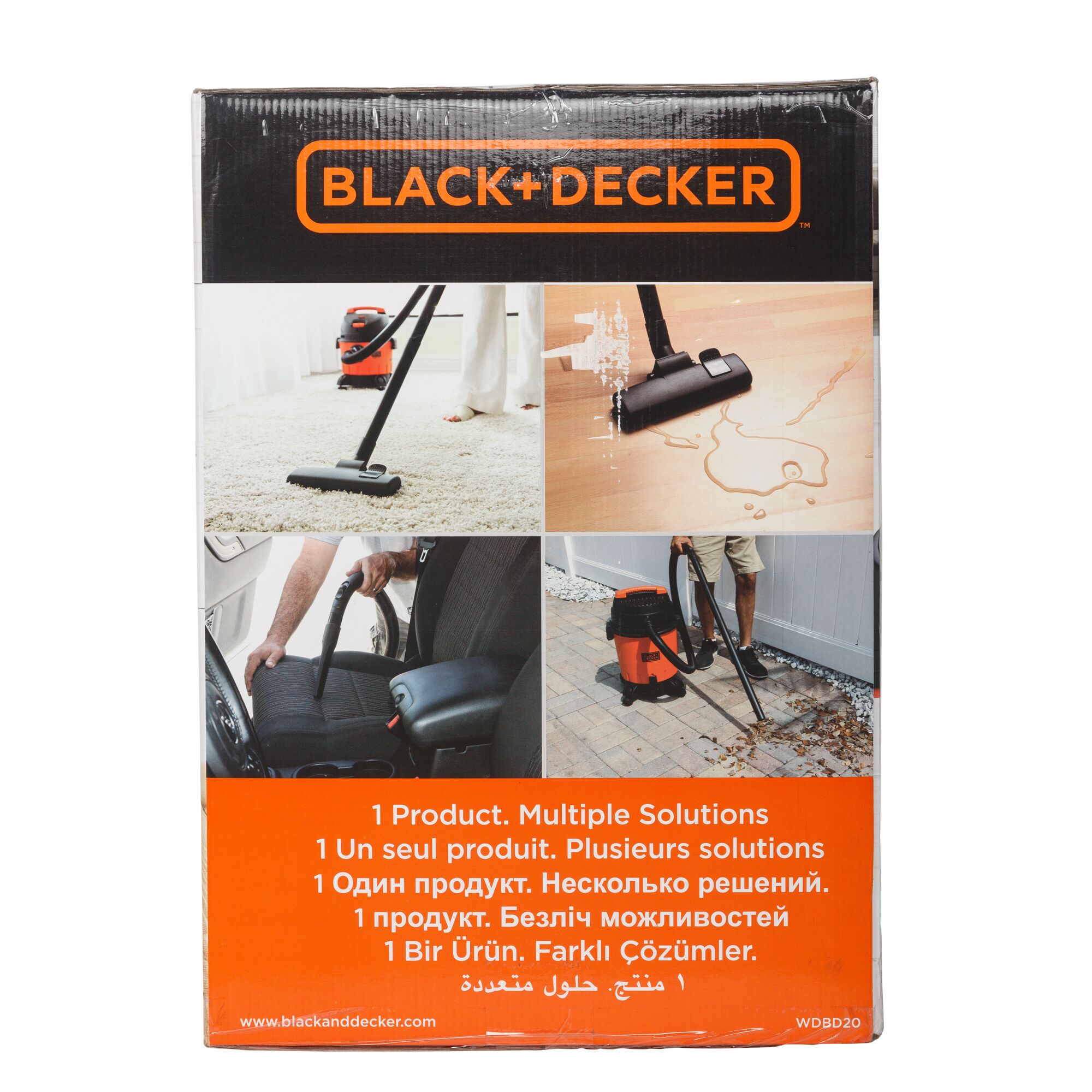 Photo of BLACK+DECKER vacuum cleaner WDBD20 box showing product uses for carpets, hard floors, car seats, and outdoor cleaning.