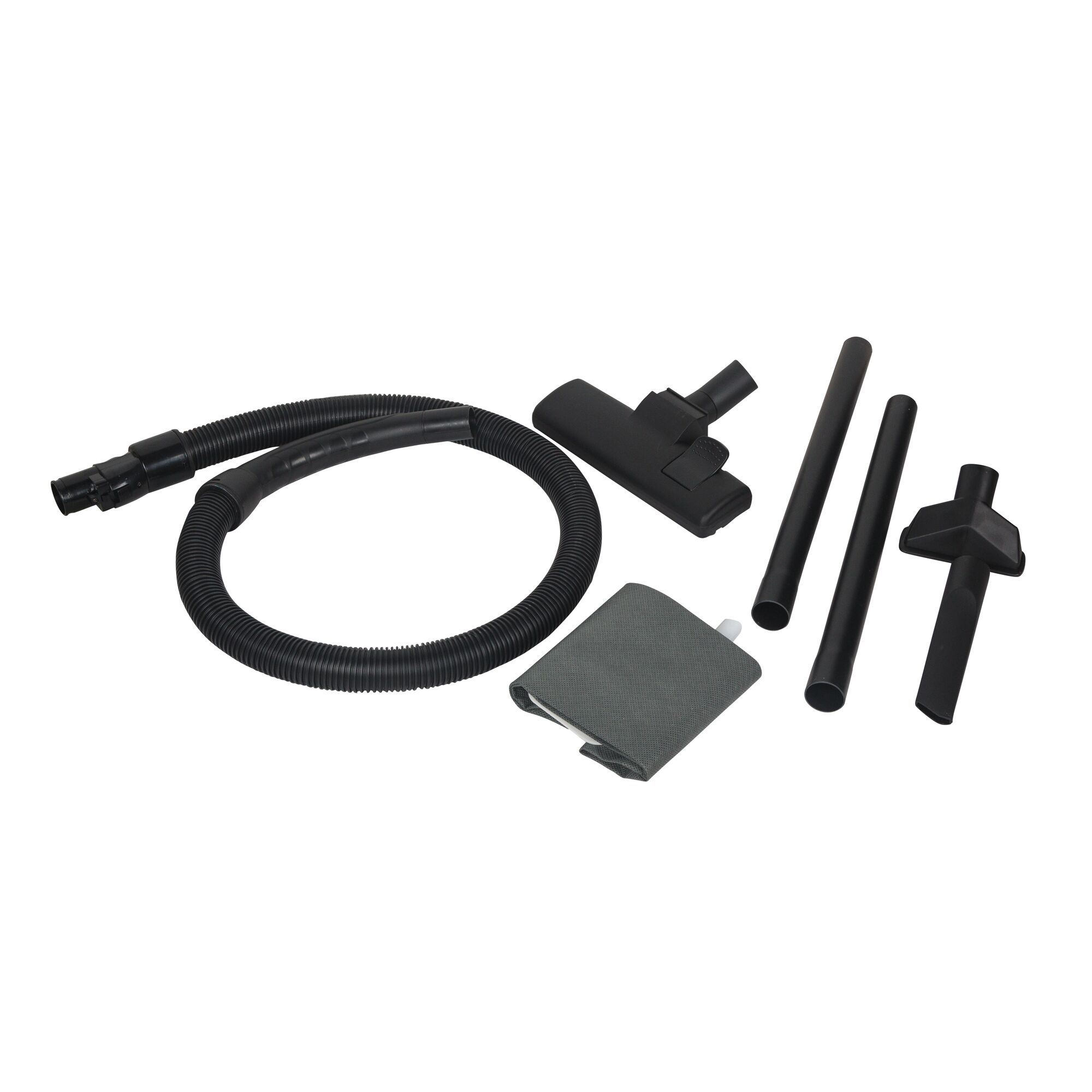 BLACKDECKER WDBD20 vacuum cleaner accessories set with hose, extension wands, floor nozzle, crevice tool, and dust bag, top view.
