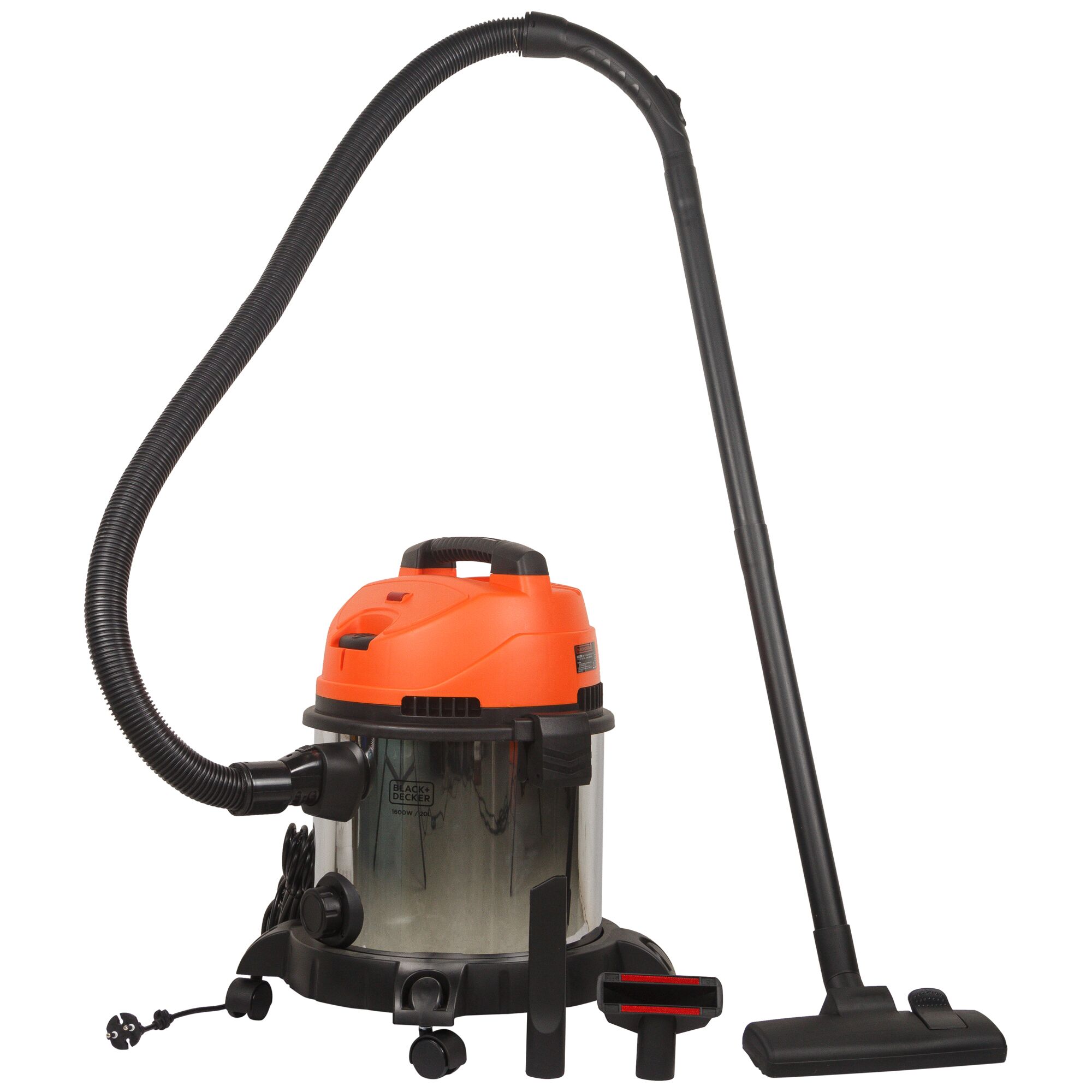 Photo of BLACKDECKER WDBDS20 wet and dry vacuum with orange top, accessories, side angle.