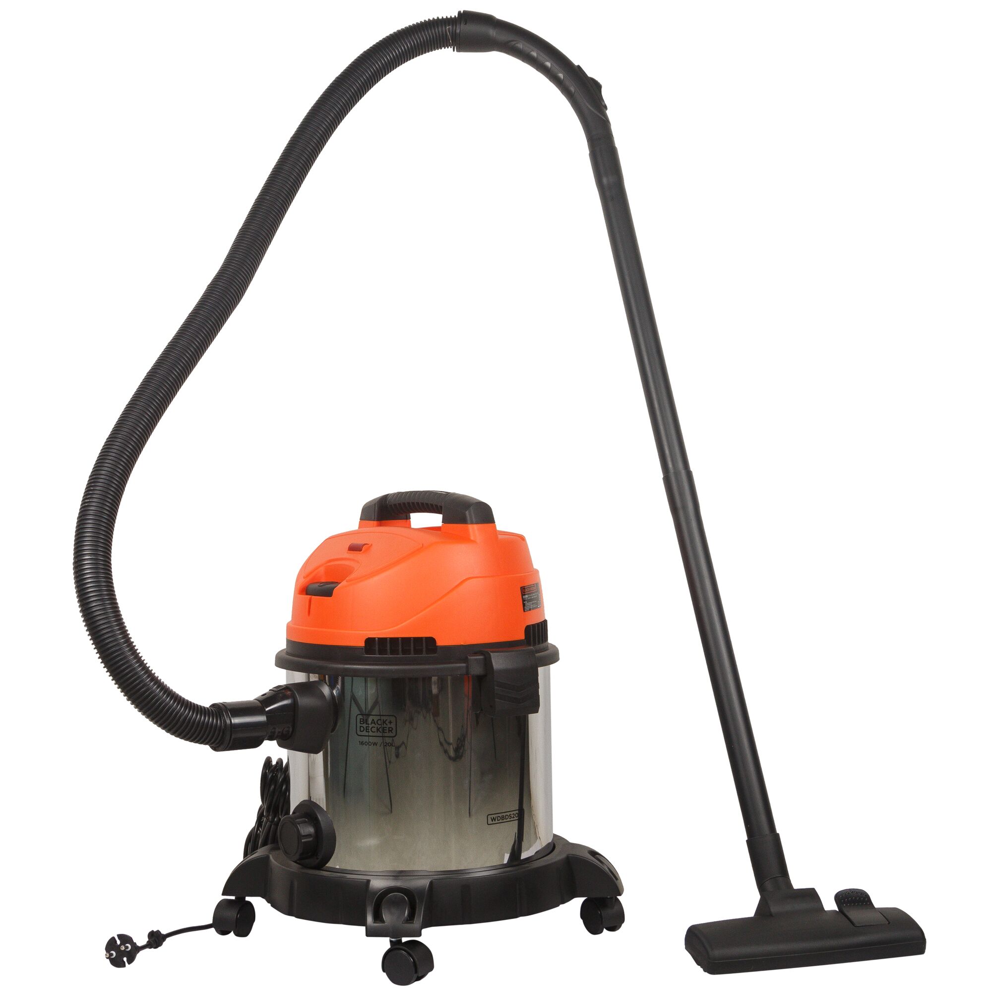 BLACKDECKER WDBDS20 wet and dry vacuum with orange top, stainless steel body, hose and floor nozzle, side angle.