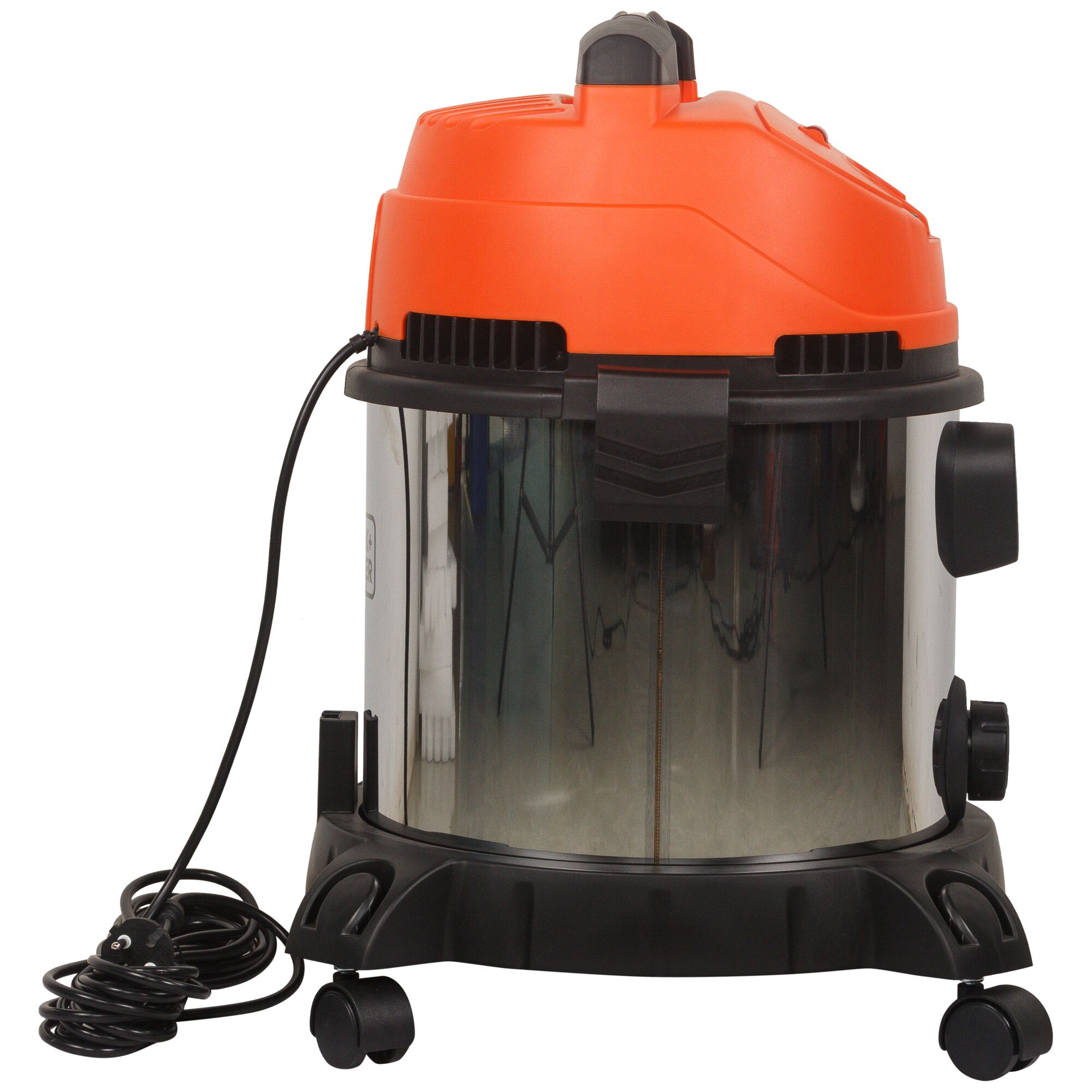 BLACKDECKER wet and dry vacuum cleaner WDBDS20, front angle, orange and black, stainless steel canister.