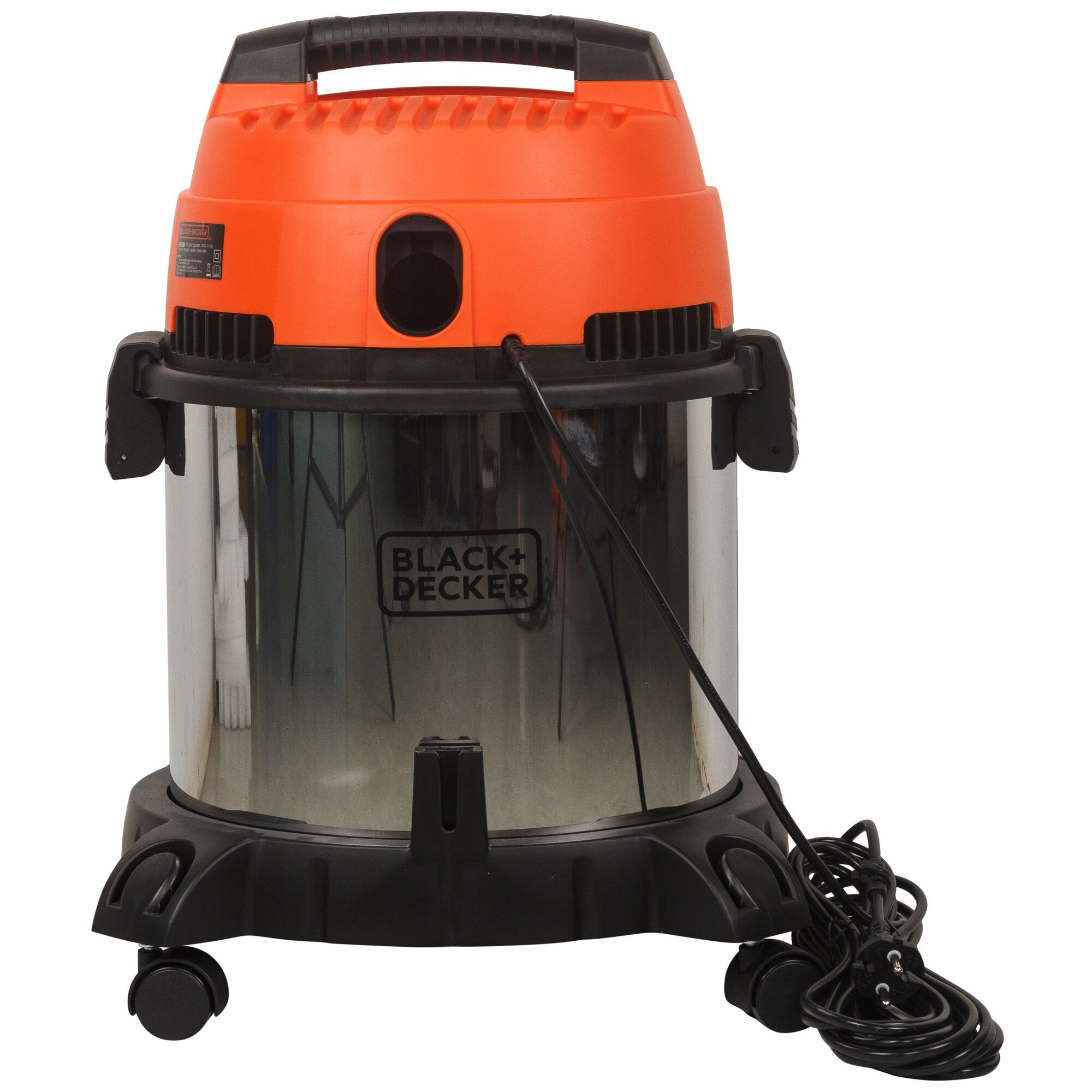 BLACKDECKER WDBDS20 wet and dry vacuum cleaner, front angle, orange and black, on wheels with power cord.
