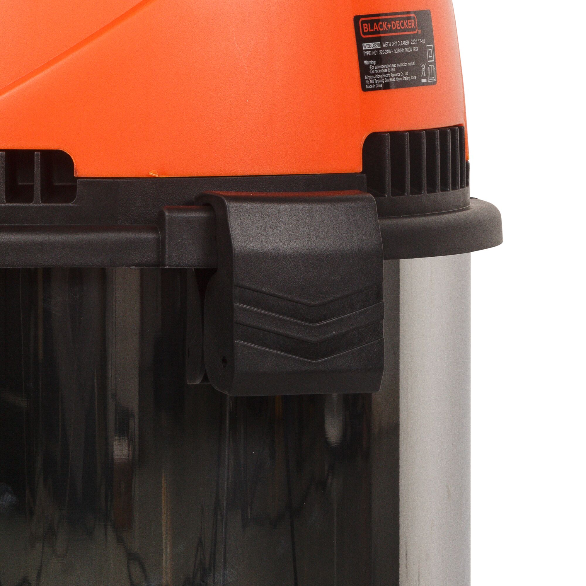 BLACKDECKER WDBDS20 wet dry vacuum segment with orange top, black latch, and stainless body, side angle.