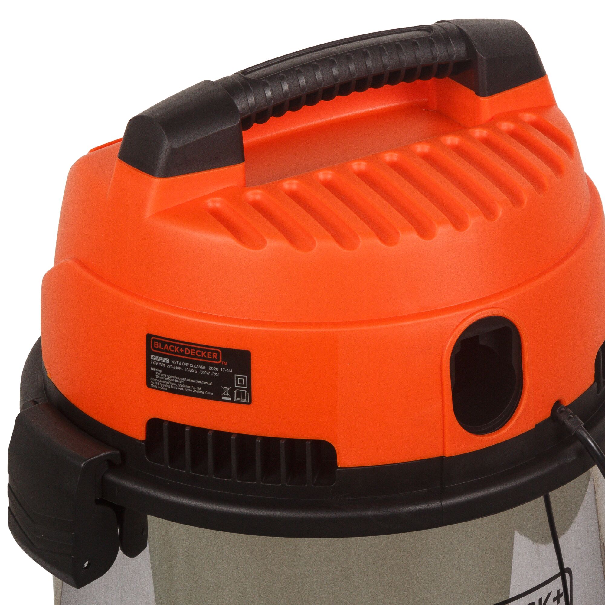 Photo of BLACKDECKER WDBDS20 wet and dry vacuum cleaner, orange and black, close-up angled view.