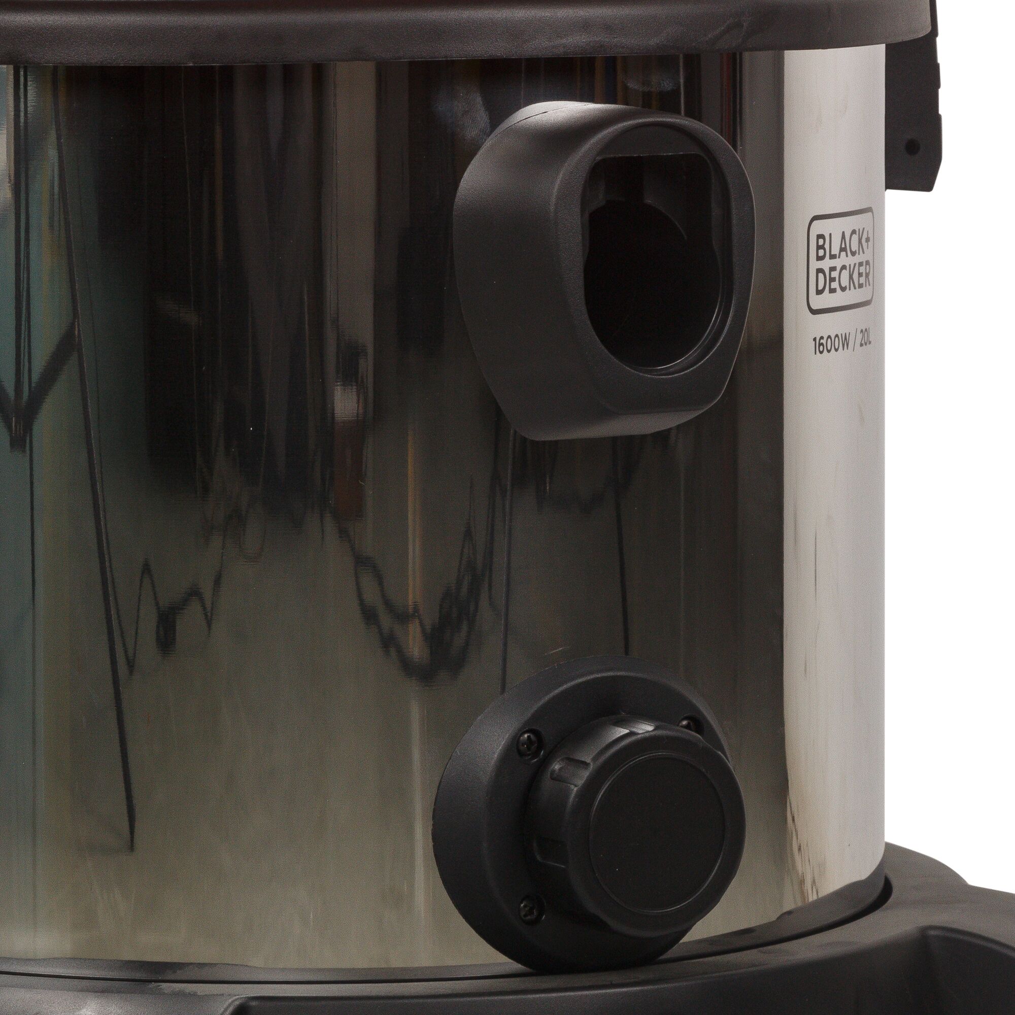 BLACKDECKER WDBDS20 silver body wet and dry vacuum cleaner, side angle showing hose ports.